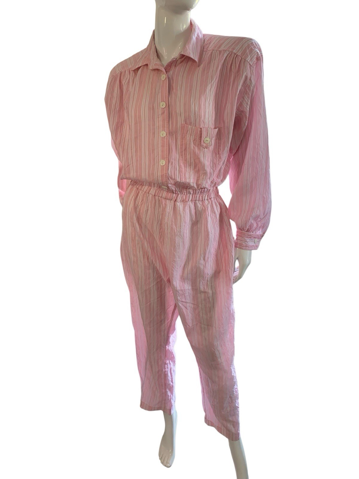 Vintage L Rothschild San Francisco Pink Striped Jumpsuit Pockets Collared Sz 12