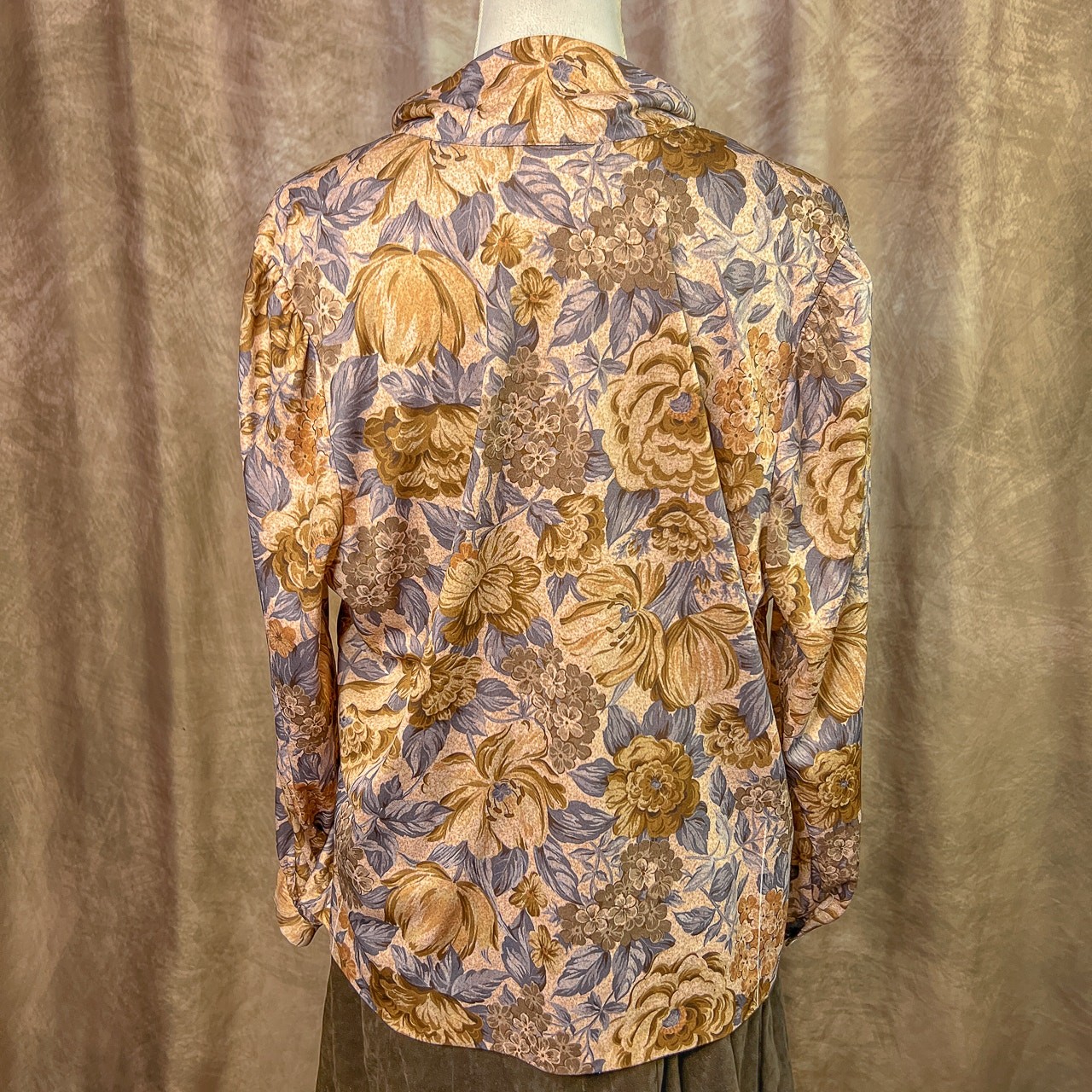 Vintage 70s Polyester Blouse Floral Tie Neck Earthy Multicolor Retro Disco