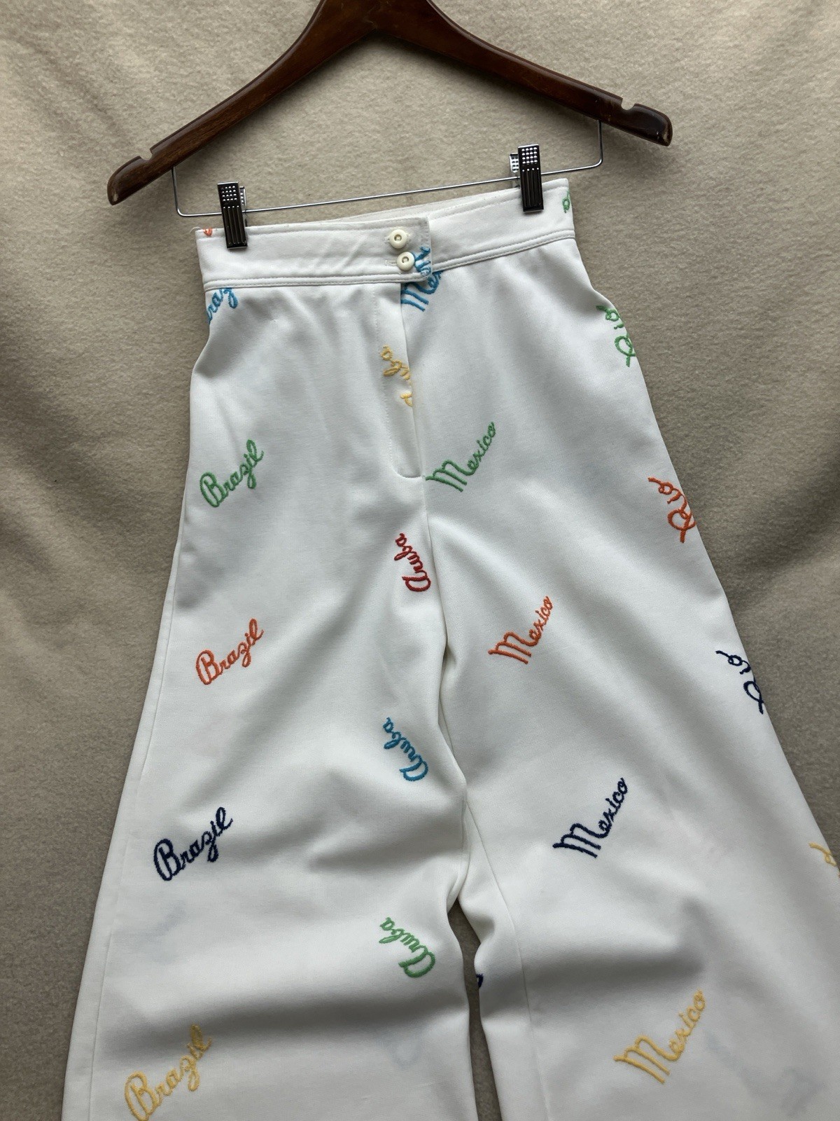 Vintage Poly Knit Resort Pants Wide Leg Villa Trousers Chain Stitch Souvenir S