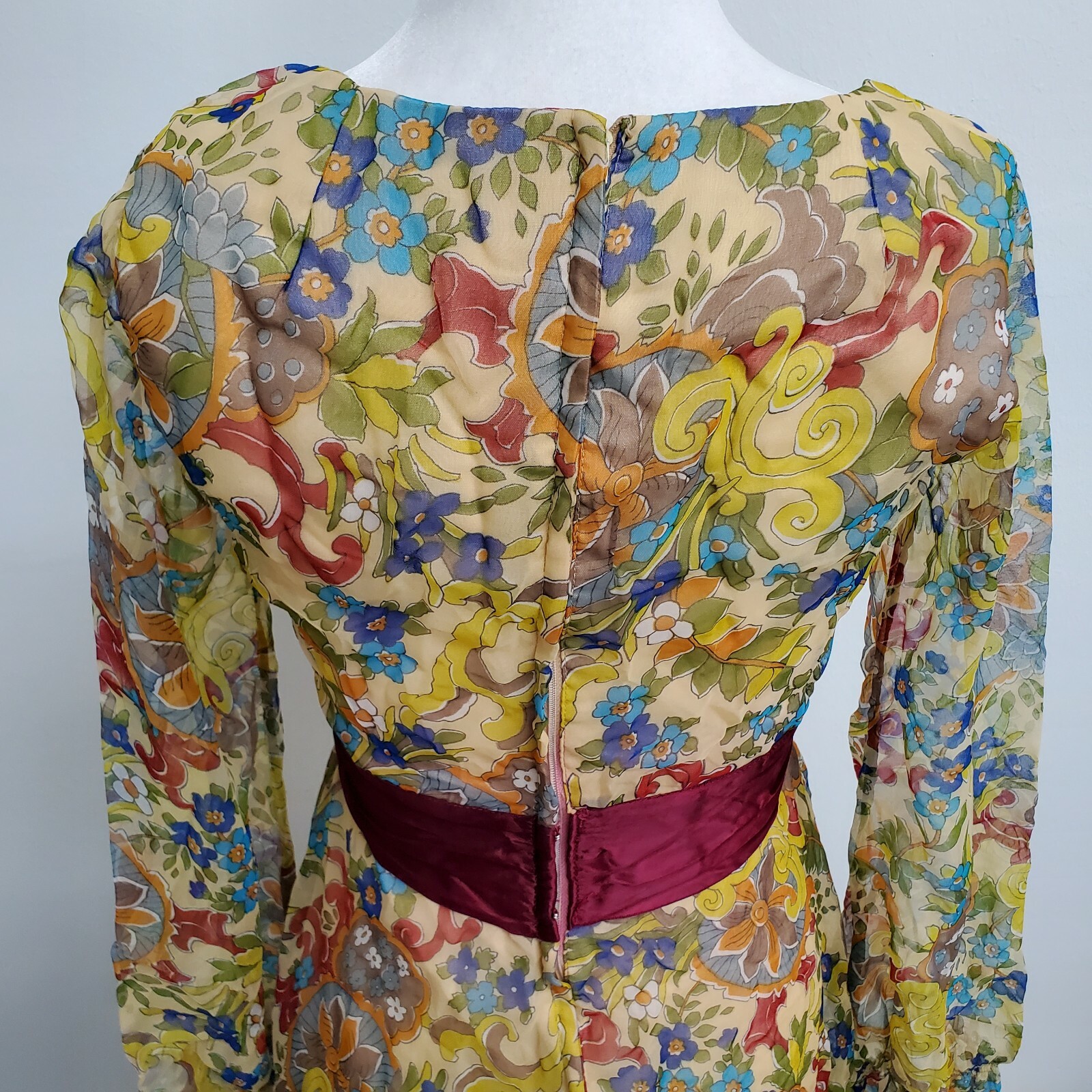 Vintage 70’s Maxi Dress Peasant Colorful Psychedelic Floral Hippie Sheer Chiffon