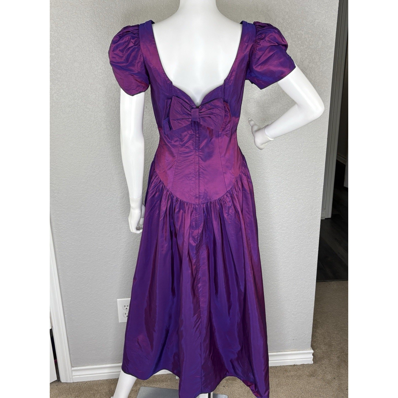 Vintage 80s Alfred Angelo Midi Dress Puff Slv Iridescent Purple Taffeta Prom S