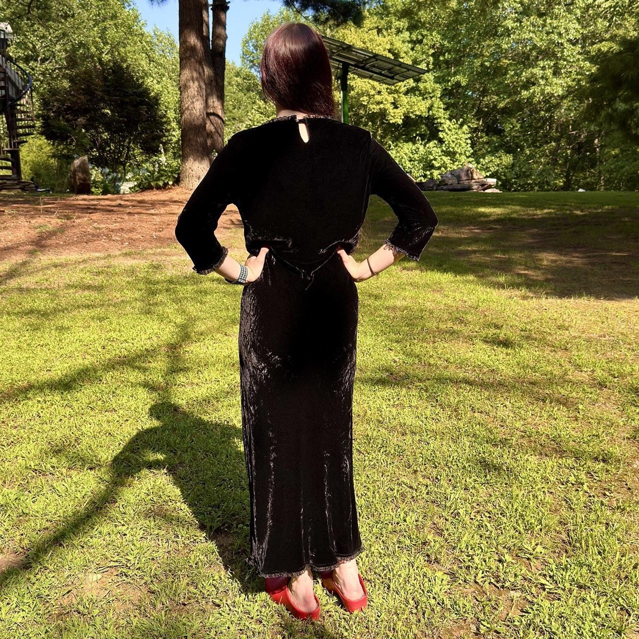 90s crushed black velvet maxi dress w/ mesh lace trim & long sleeve