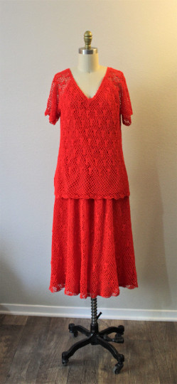 Vintage 1970s Thumbs Up Red Crochet Lace Acrylic Knit Skirt Top Blouse Dress Set