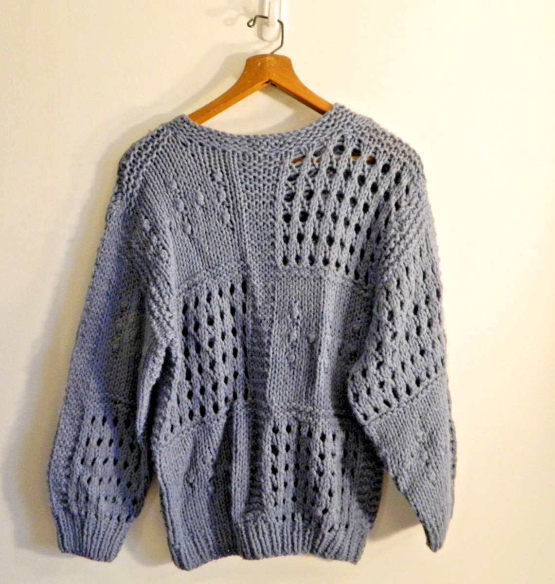 Vtg Wainwright Spencer Hand-Knit Patchwork Sweater Blue Eyelet Bobble Popcorn L