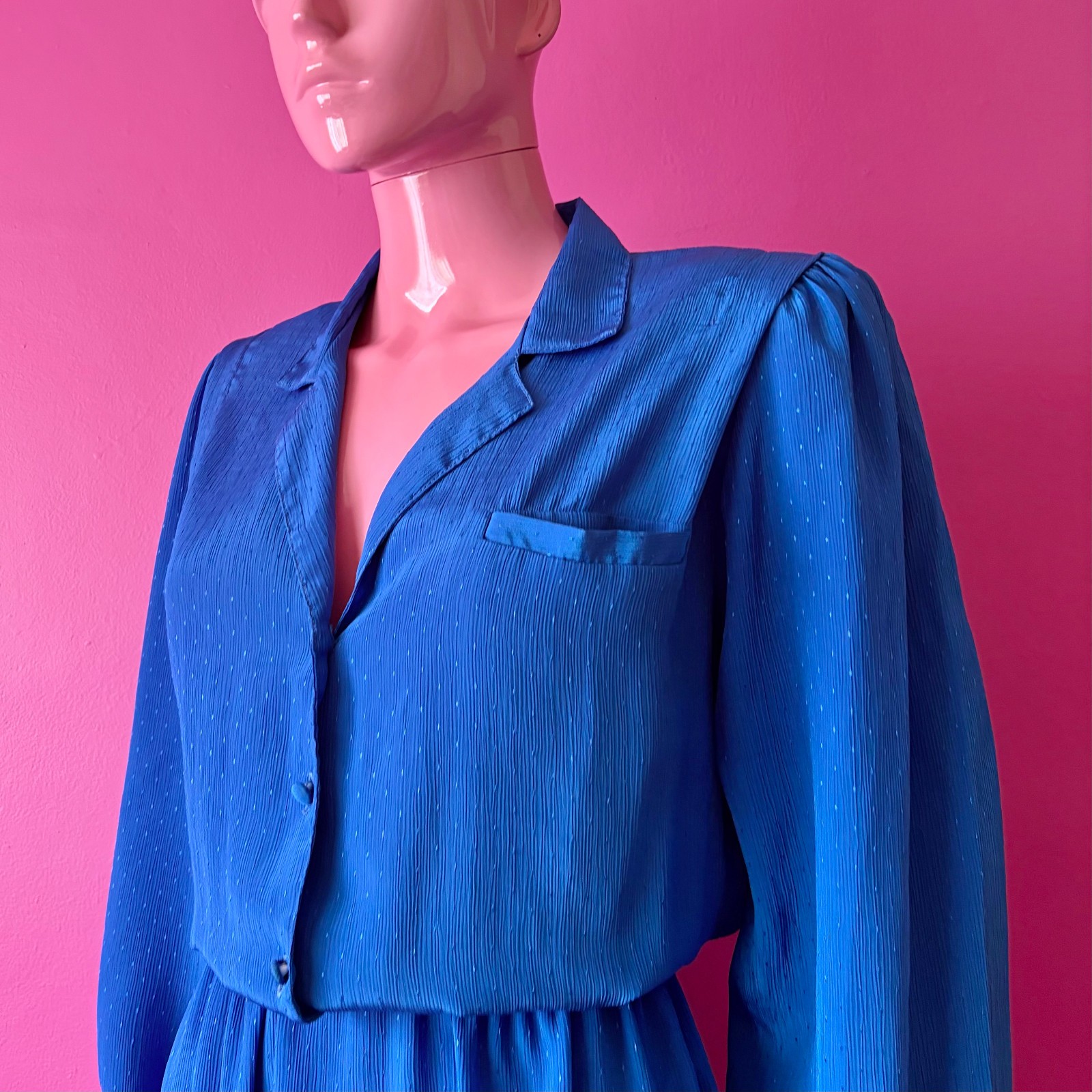 Vintage 80s L Secretary Dress: Cobalt Blue Satin Midi Vneck Blouson with Elastic
