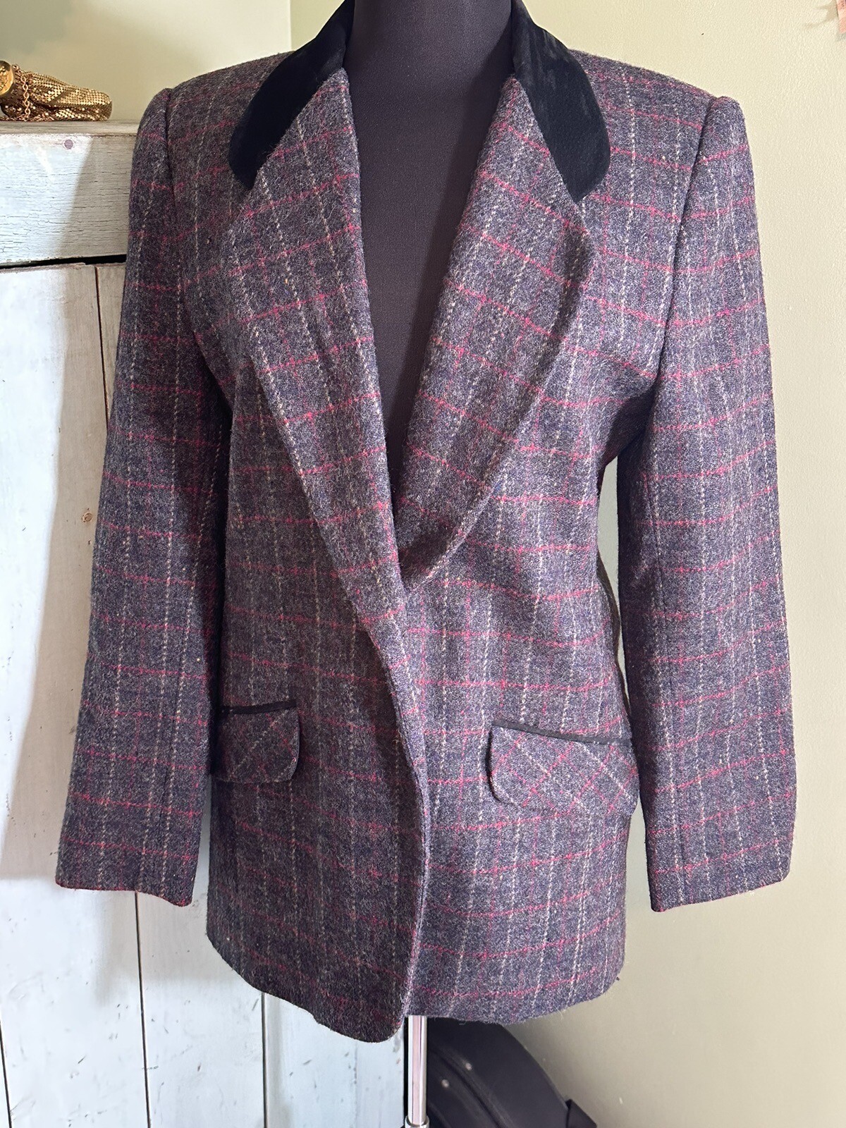 VTG 1980’s David N Wool Windowpane Plaid Blazer Suede Collar Jacket Women’s 6
