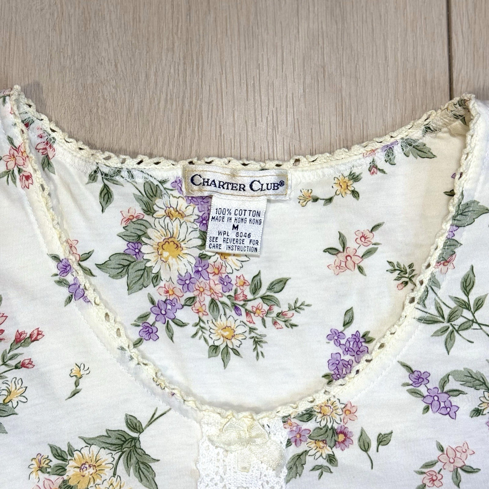 VTG Charter Club Floral Nightgown Women M Hong Kong Lace Trim Cotton 90s Cottage