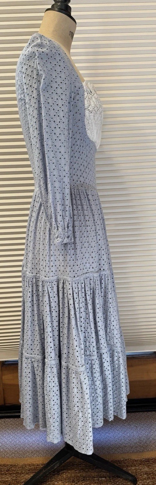 Vtg 70s Milkmaid Maxi Dress Blue Eyelet Lace Corset Peasant Boho Cottagecore S