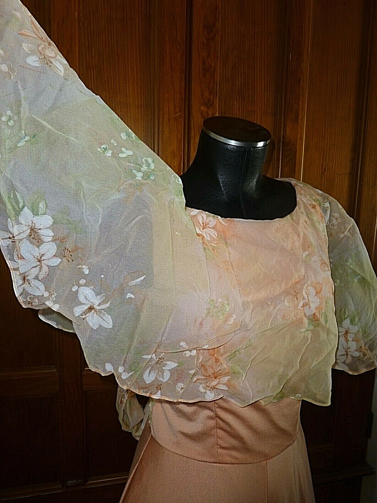 Vtg 70s Jersey Matte Cape Ruffle Floral Chiffon Boho Evening Wedding maxi Dress