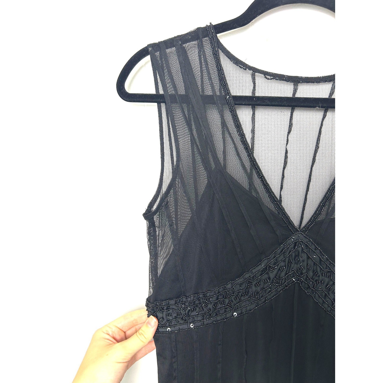 Vtg Y2K MIX IT Black Sheer Beaded V Neck Party Dress Size 8 whimsigoth cocktail