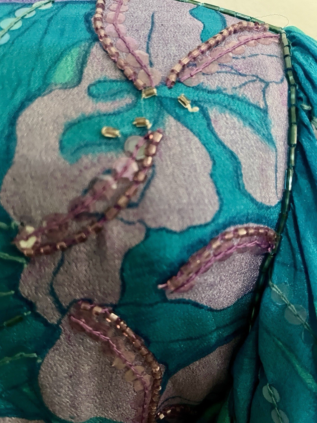JUDITH ANN CREATIONS Vintage 80’s SILK Beaded TROPICAL Floral BLOUSE Size Small