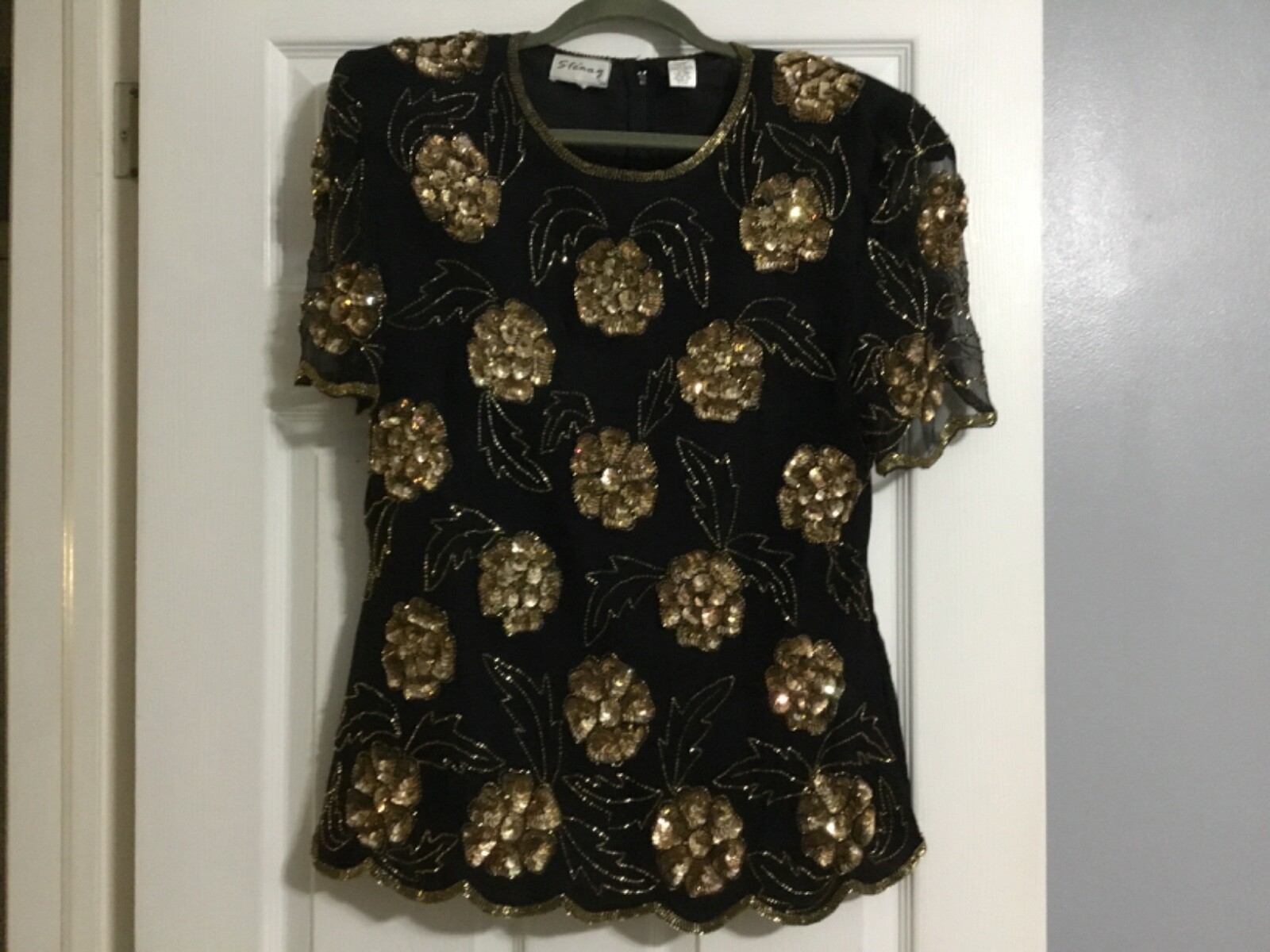 Vintage 1980s/90s Stenay Black and gold silk/polyester fully beaded blouse L/XL