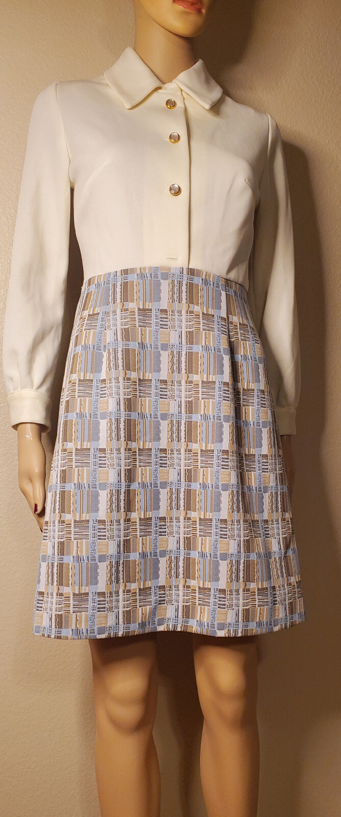 Rare – Vintage 1970s Handmade Creme w/ Weaver Stripe Pattern Skirt Dress Size S