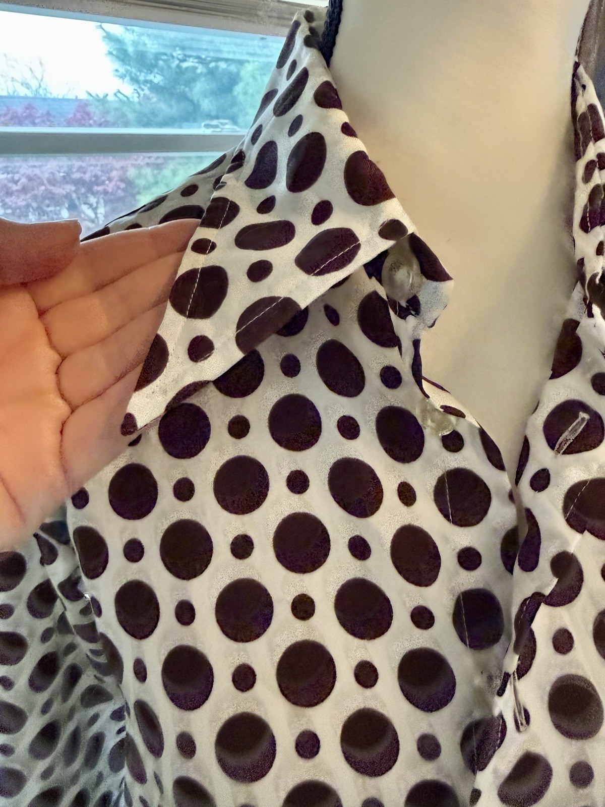 Vintage Givenchy For Chesa Brown Polka Dot Blouse W 70s Lapels Lg Broken Buttons