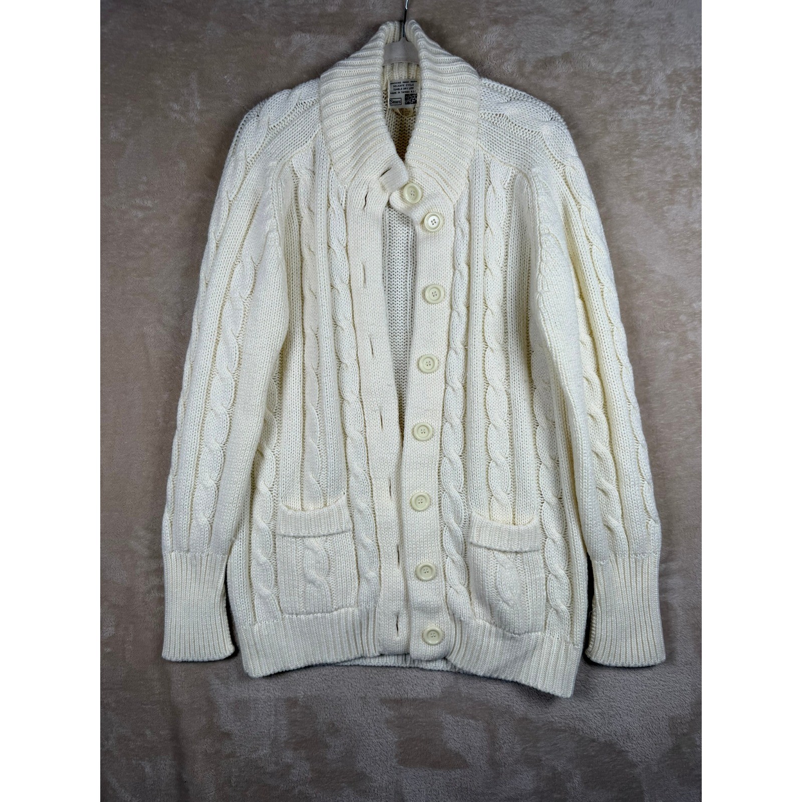 Vintage Sears 70s Cream Cable Knit Cardigan Sweater Large Fisherman Chunky Cozy