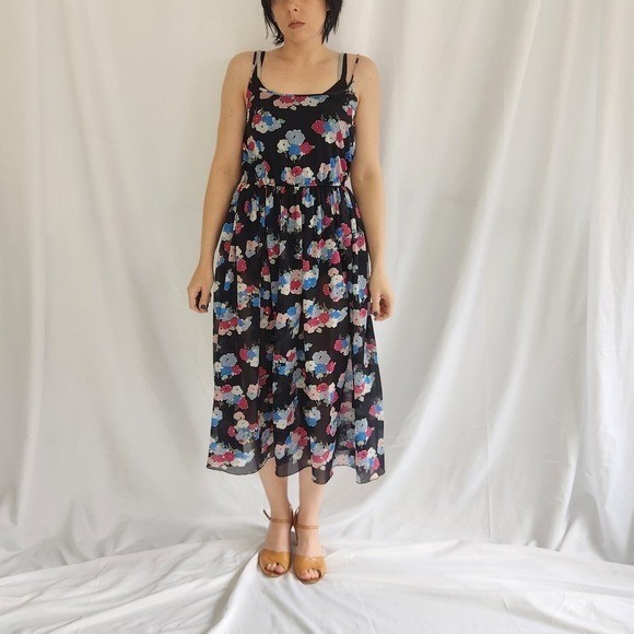 70s/80s Sheer Black, Pink, and Blue Floral Dress