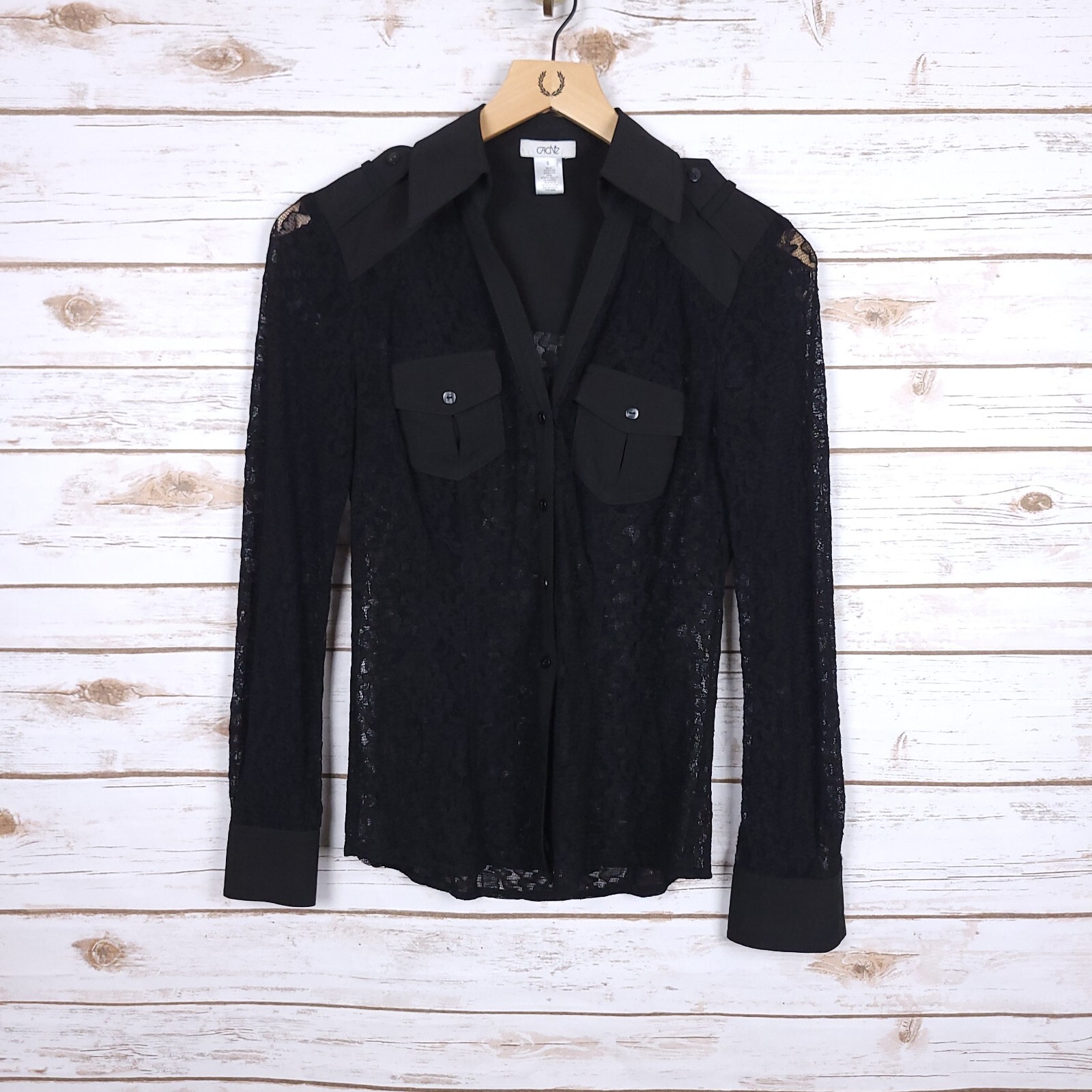 Cache Vintage Top Womens Small Black Lace Long Sleeve Button Front