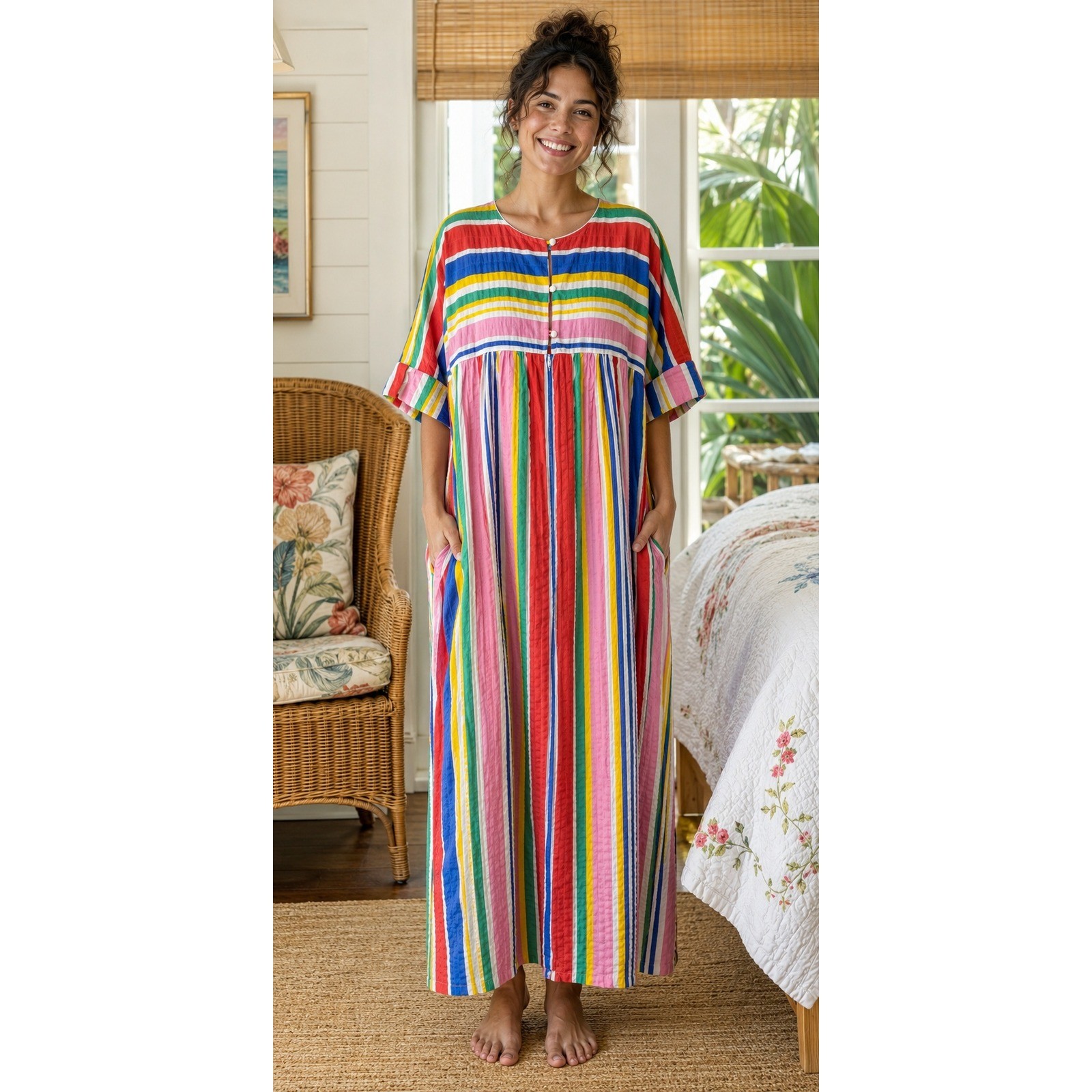 Miss Elaine Rainbow Stripe House Muu Muu Dress Vintage Boho Grannycore Med