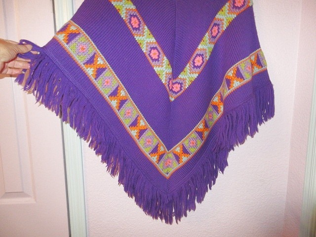 Vtg 70s Crochet Poncho Heavy Knit Sweater Coat Fringe Poms Boho Aztec Southweste