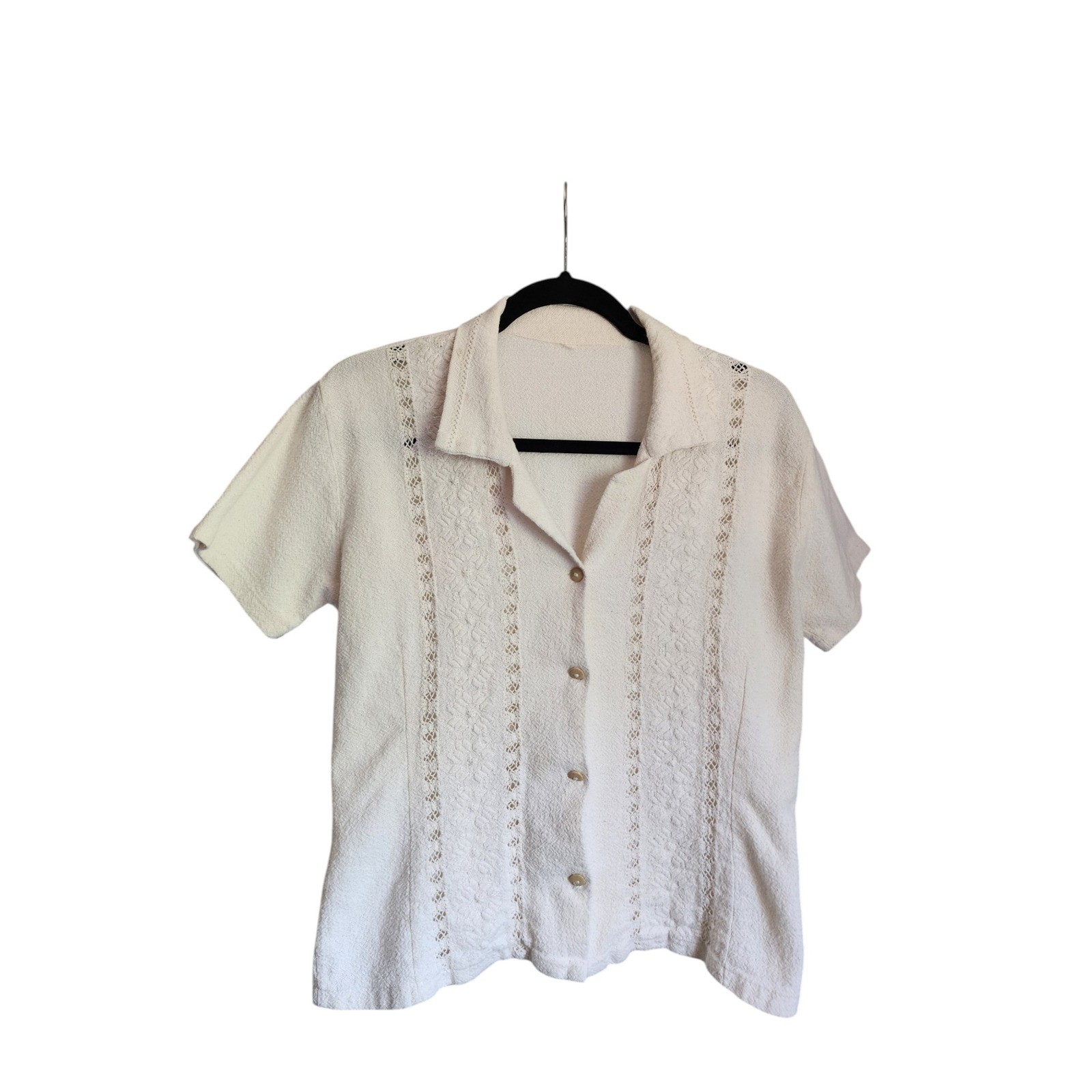 Vintage White Textured Button Front Blouse, Lace Detail, Cottagecore, Size M