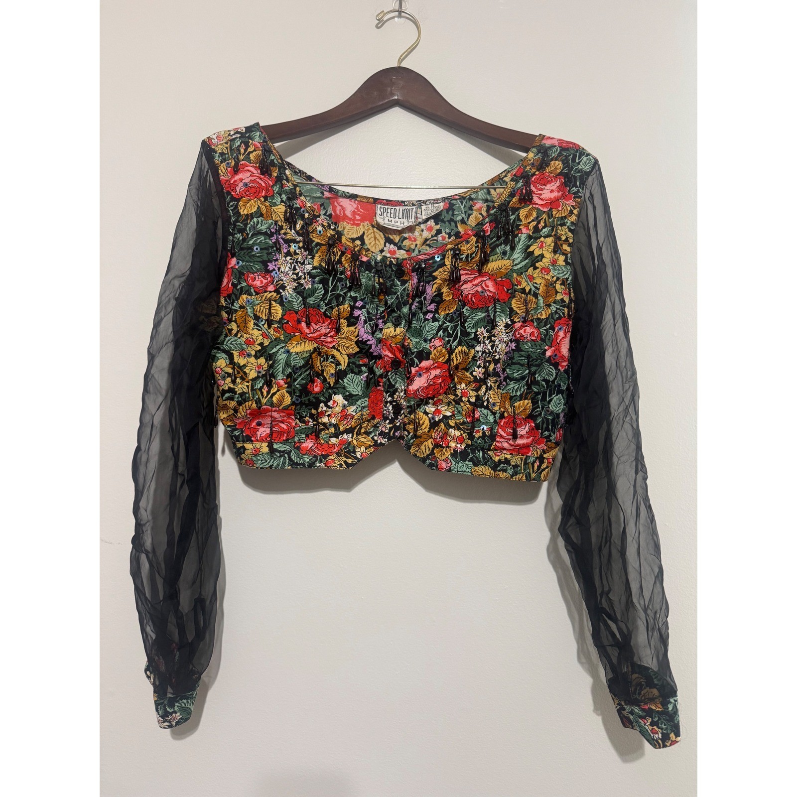 Speed Limit MPH Vintage Floral Beaded Crop Top Sheer Mesh Sleeves Womens Large