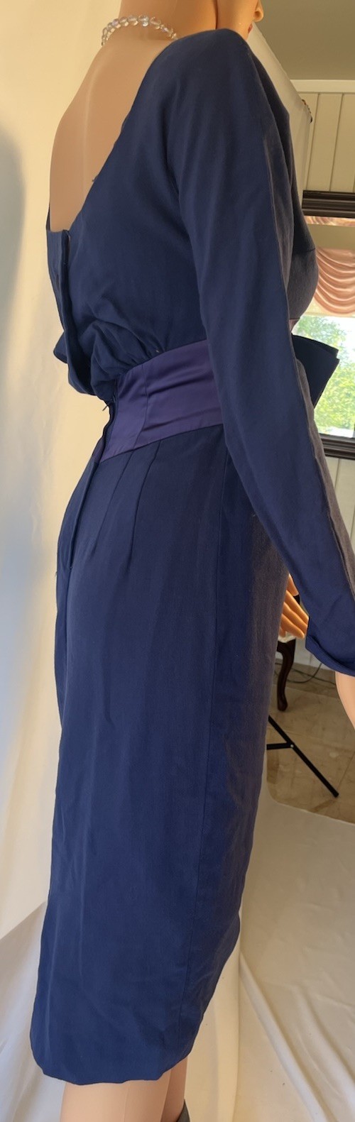 MAM’SELLE Vintage 1950’s Wiggle Dress Navy Blue With Satin Empire, XSmall, Flaw