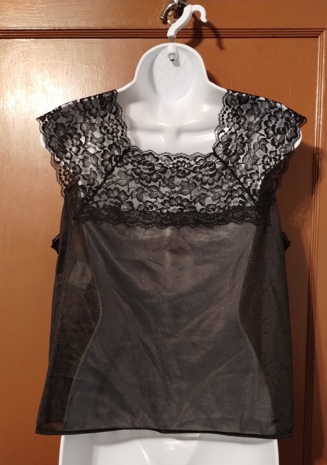 VINTAGE BLACK LACE AND POLYESTER CAMISOLE BY COLLECTIONS ETC-MEDIUM