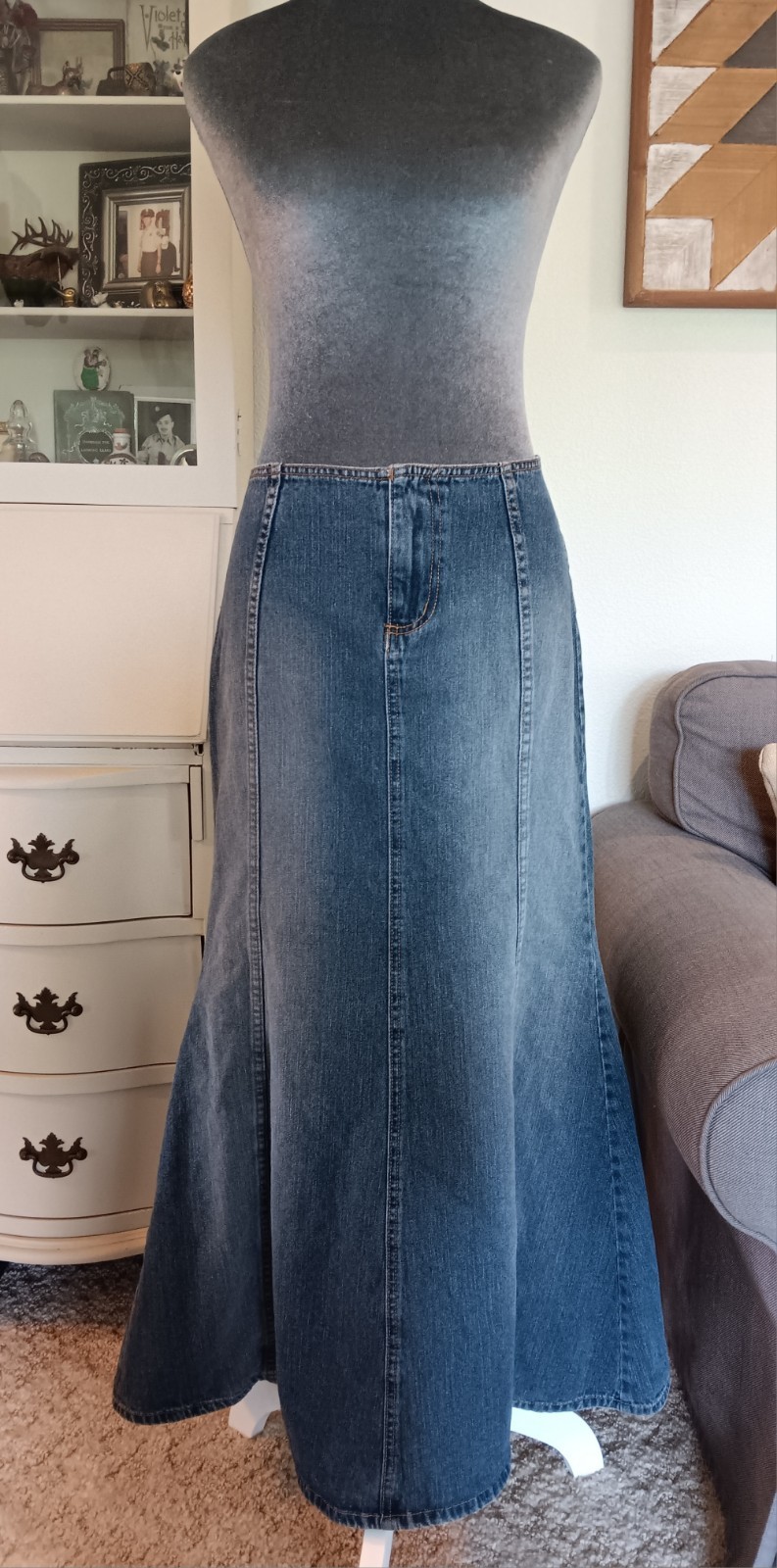 VTG 90s Bubblegum Denim Jean Panel Maxi Skirt Juniors 11/12 Long Flare USA Made