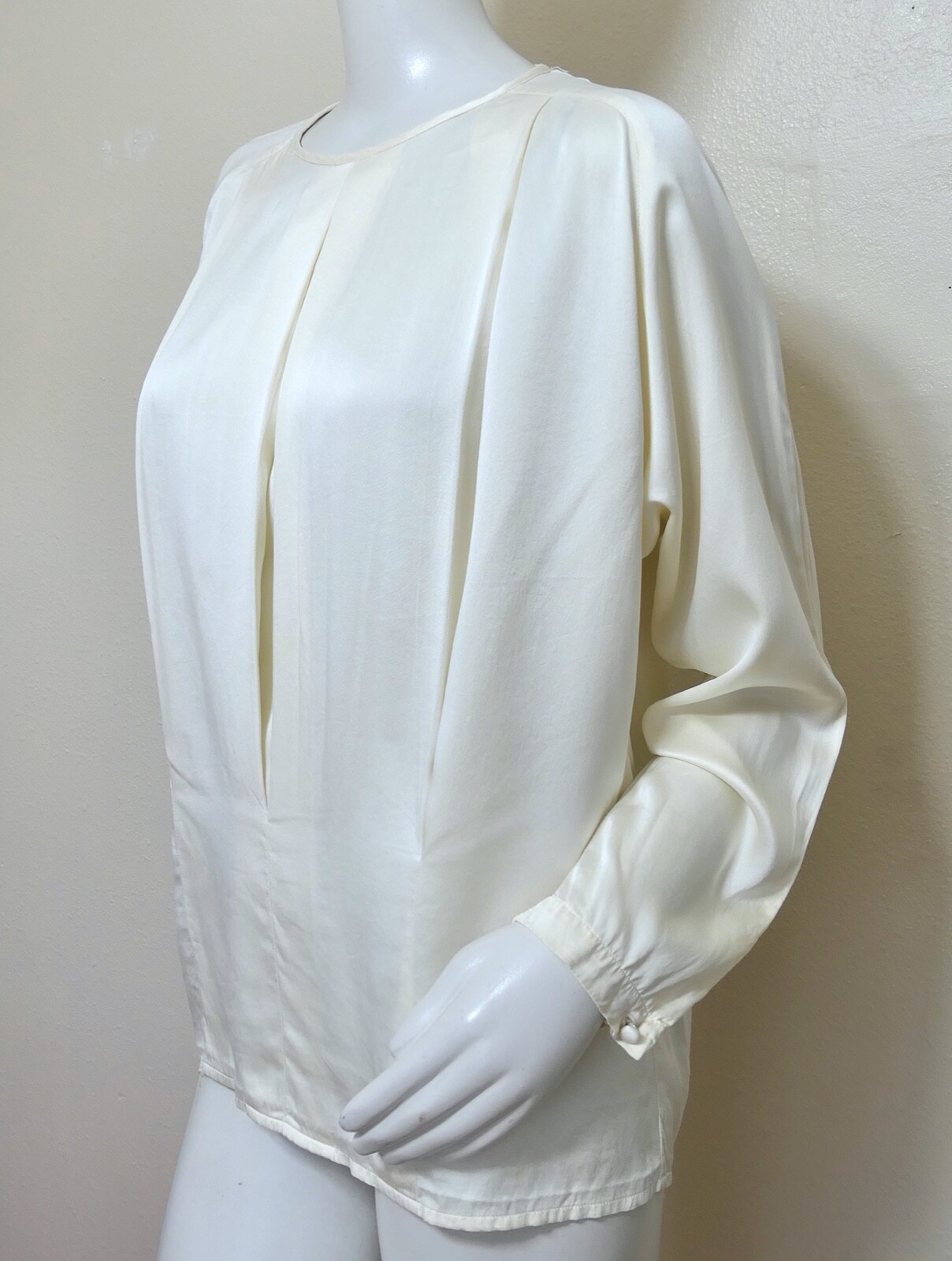 Vintage 80s Lands End Silk Panel Pleat Top Blouse Creamy White M