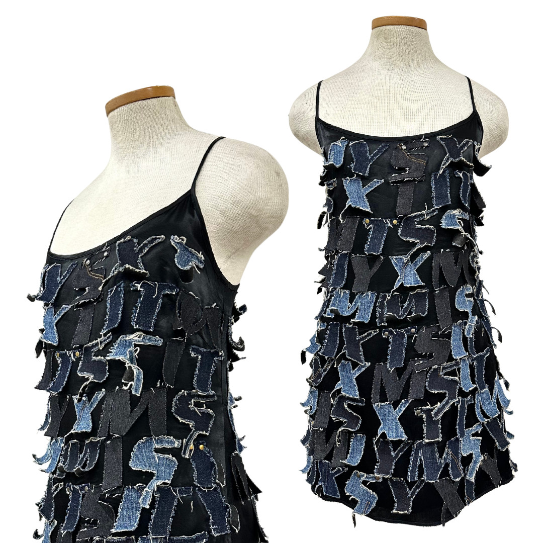 Vintage Y2K MISS SIXTY Rare Denim Letter Embellished Black Mini Dress