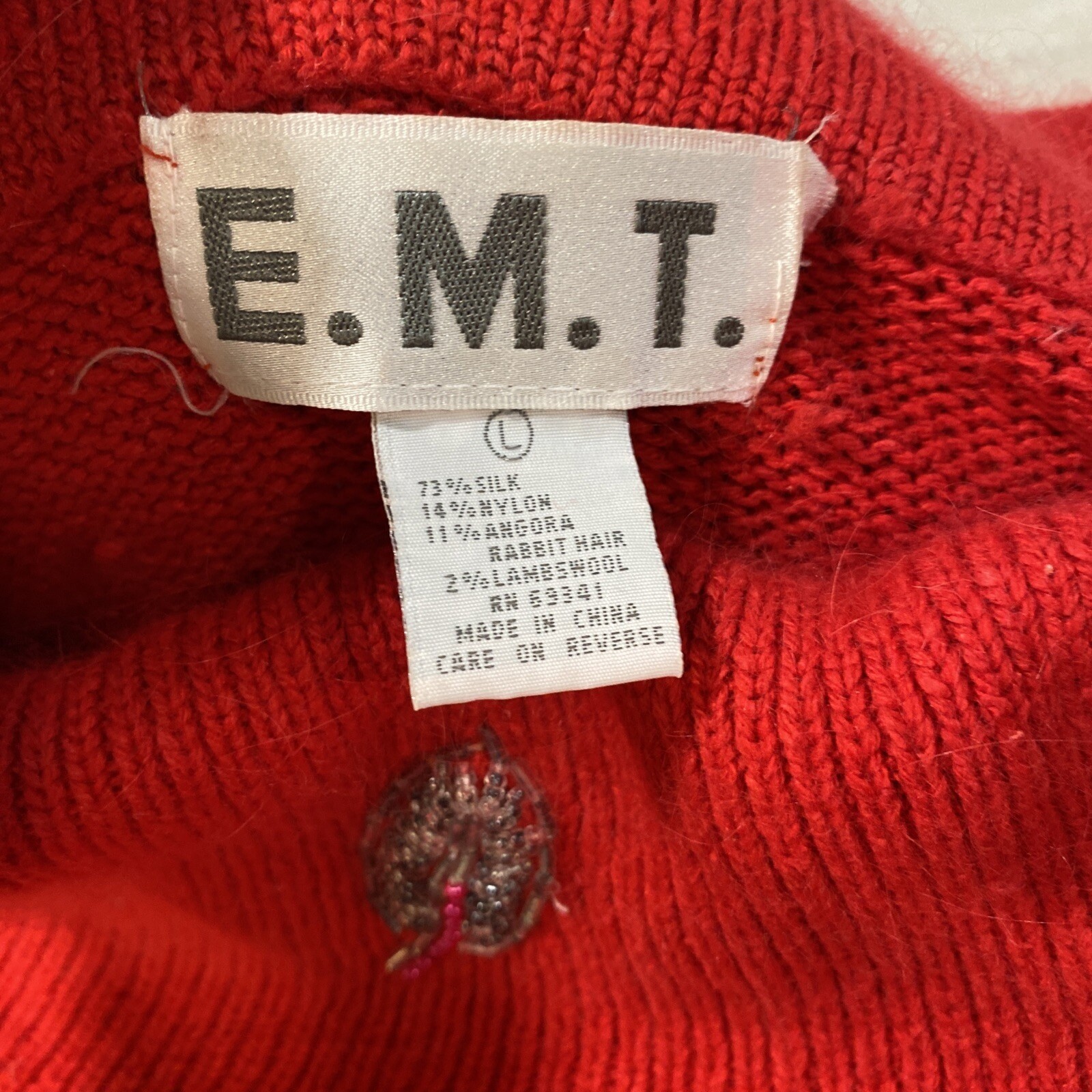 VTG Red Silk Angora Blend Hand Beaded Leaf Portrait Collar Sweater Large