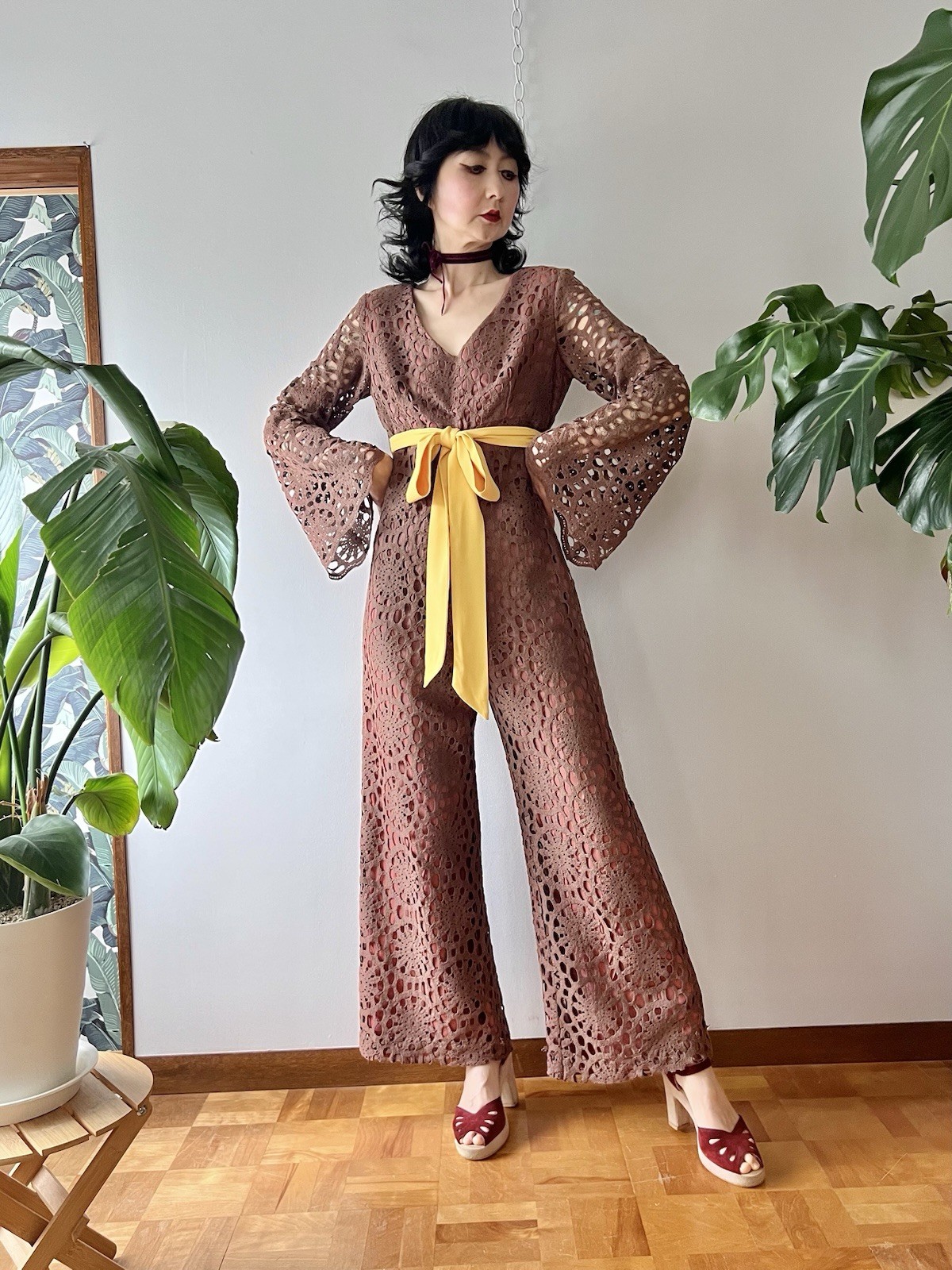60s 70s Joy Stevens California Crochet Lace Bell Sleeve Flared Wide Leg Jumpsuit