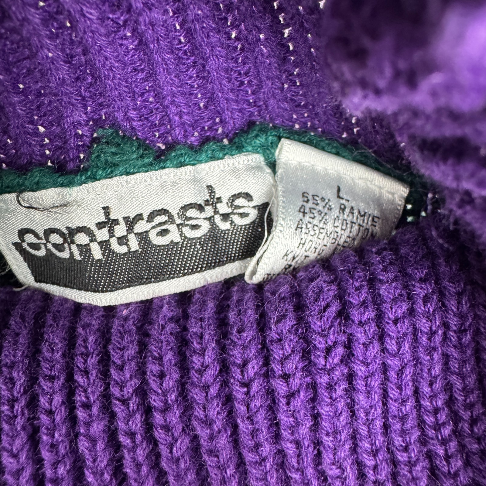 Vintage Contrasts Womens Size L Turtleneck Sweater Color Block Purple Green