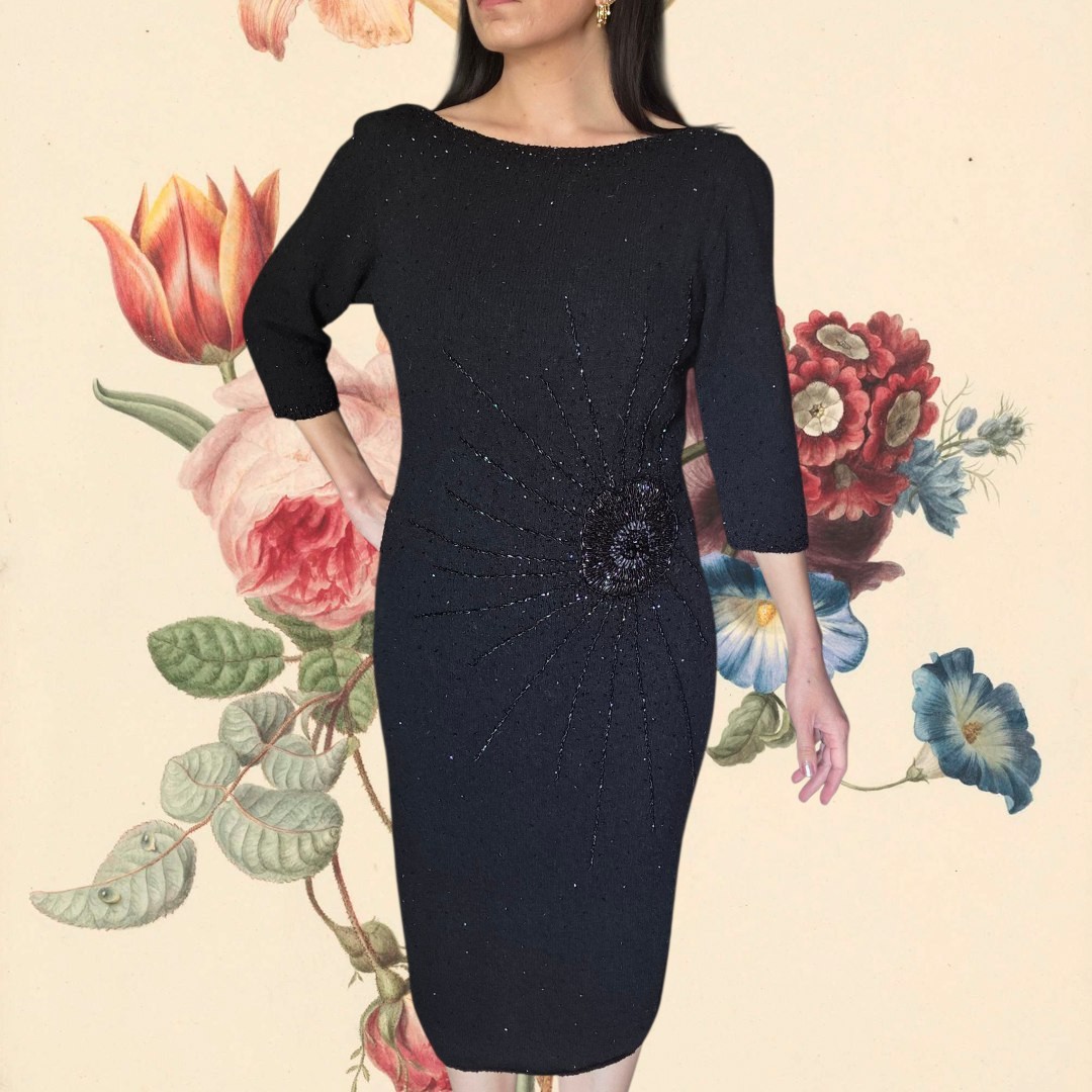 Vintage 1960’s Knit Beaded Black Wiggle Bodycon Dress Medium 8 10