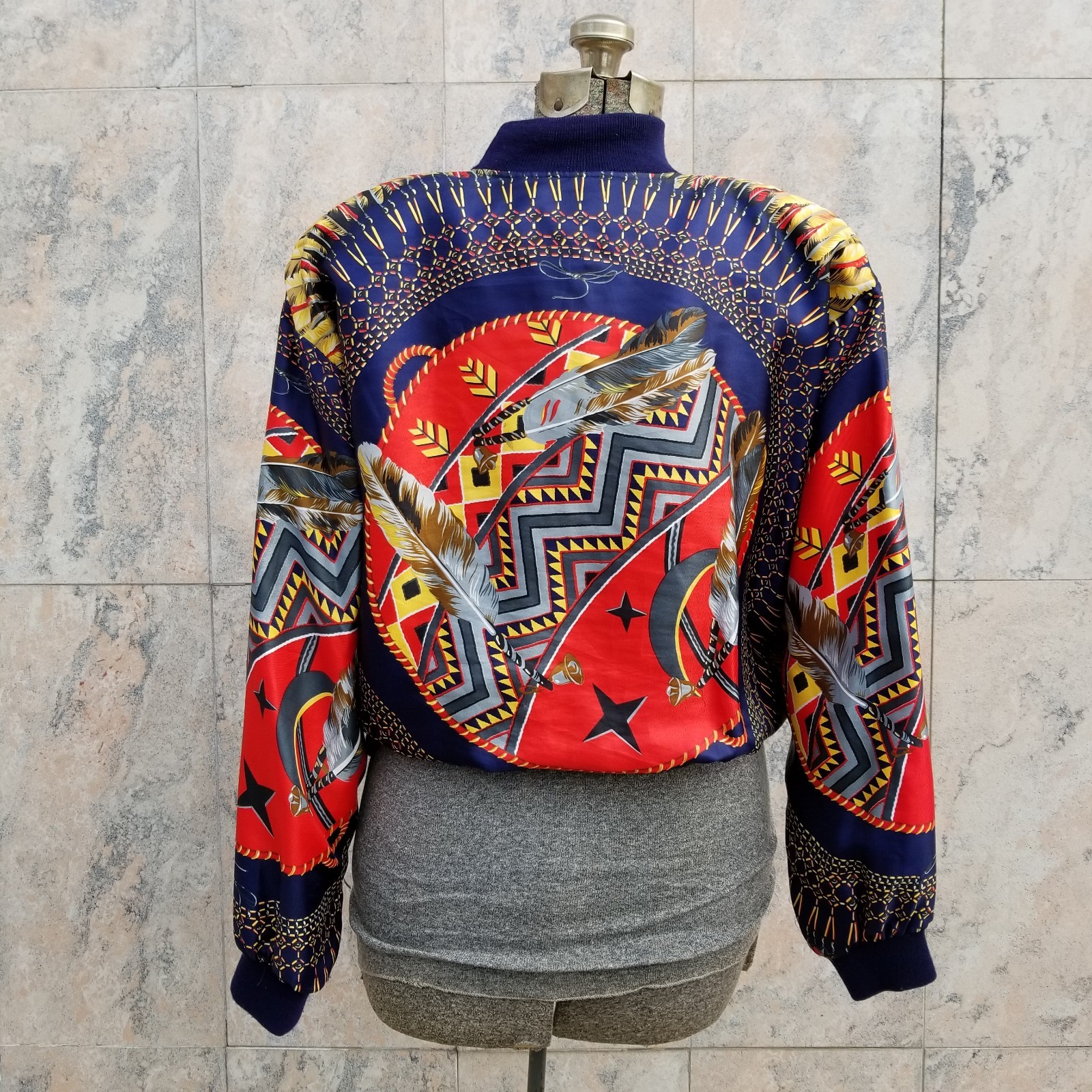 Vintage 80s Chardin Satin Finish Bomber Jacket XL Oversized Geometric Korea