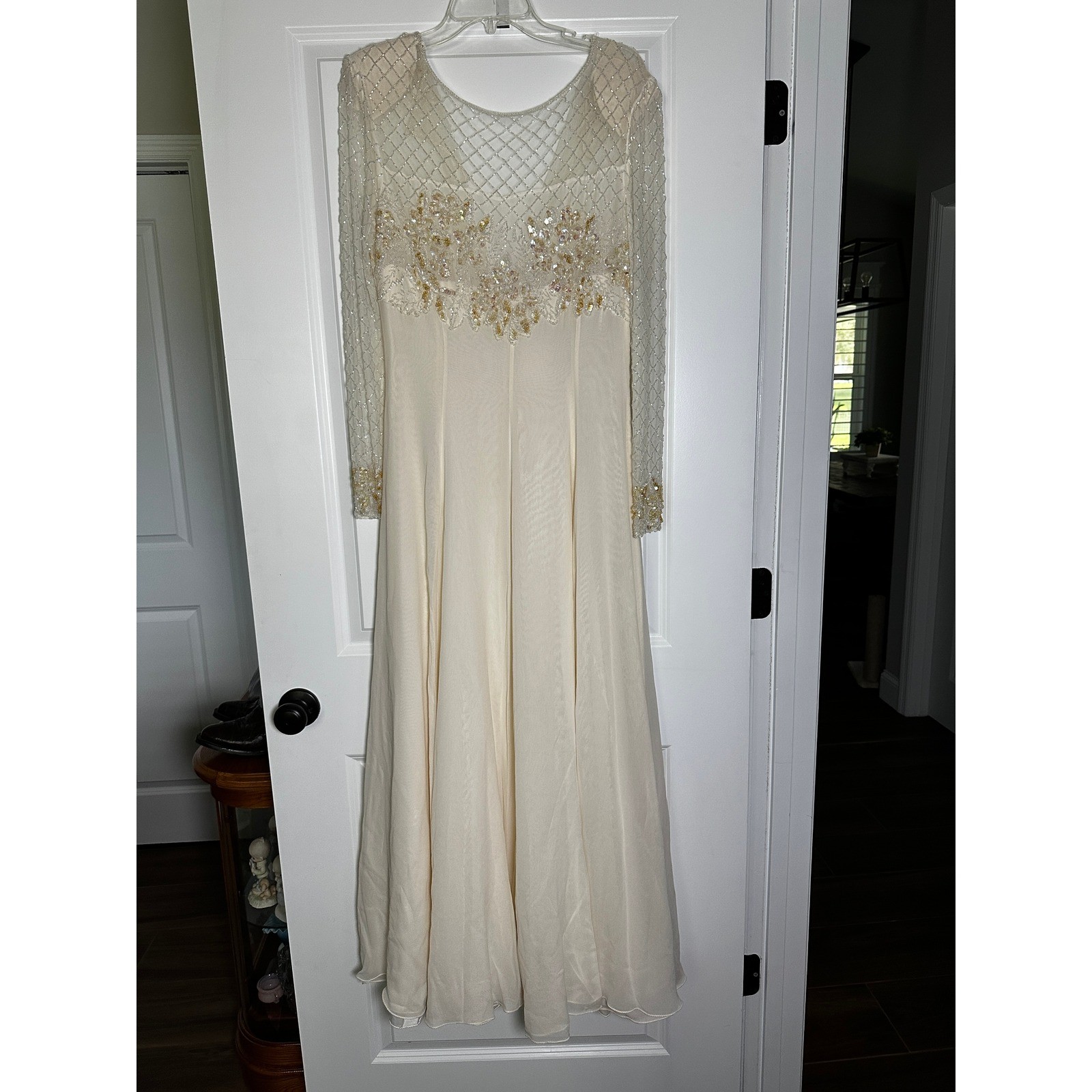 Jovani Vintage Pure Silk Beaded Sequin Long Sleeve Evening Gown Ivory Size 8