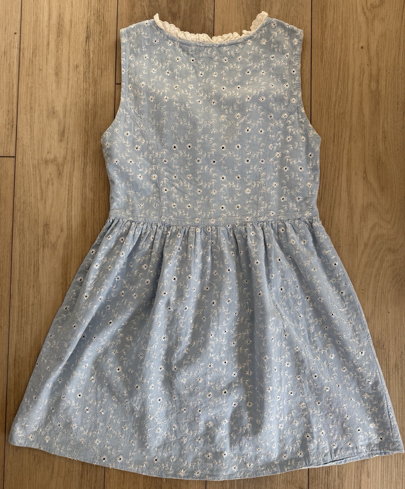 Vintage Jane Ashley Blue Floral Eyelet Cotton Button Front Dress M