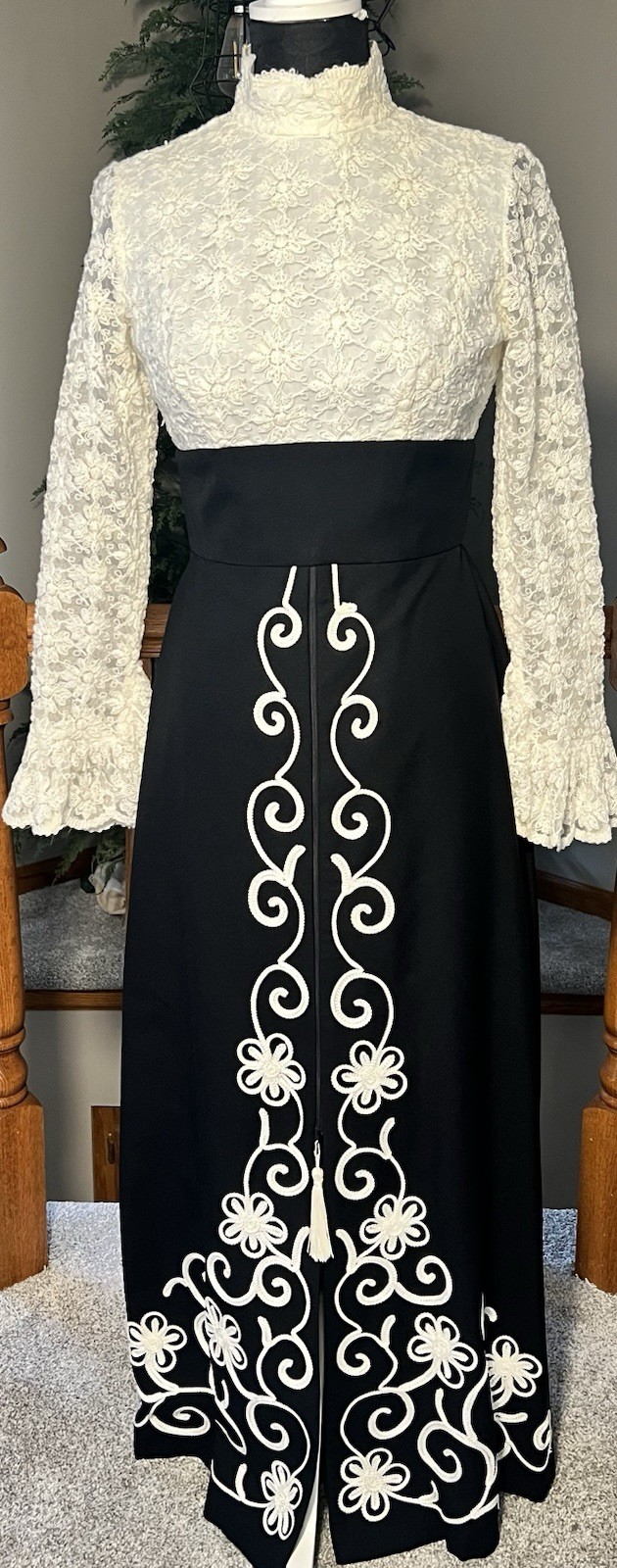 Vintage Custom Made Black Ivory Lace Maxi Dress Front Zip Mod Boho Prairie