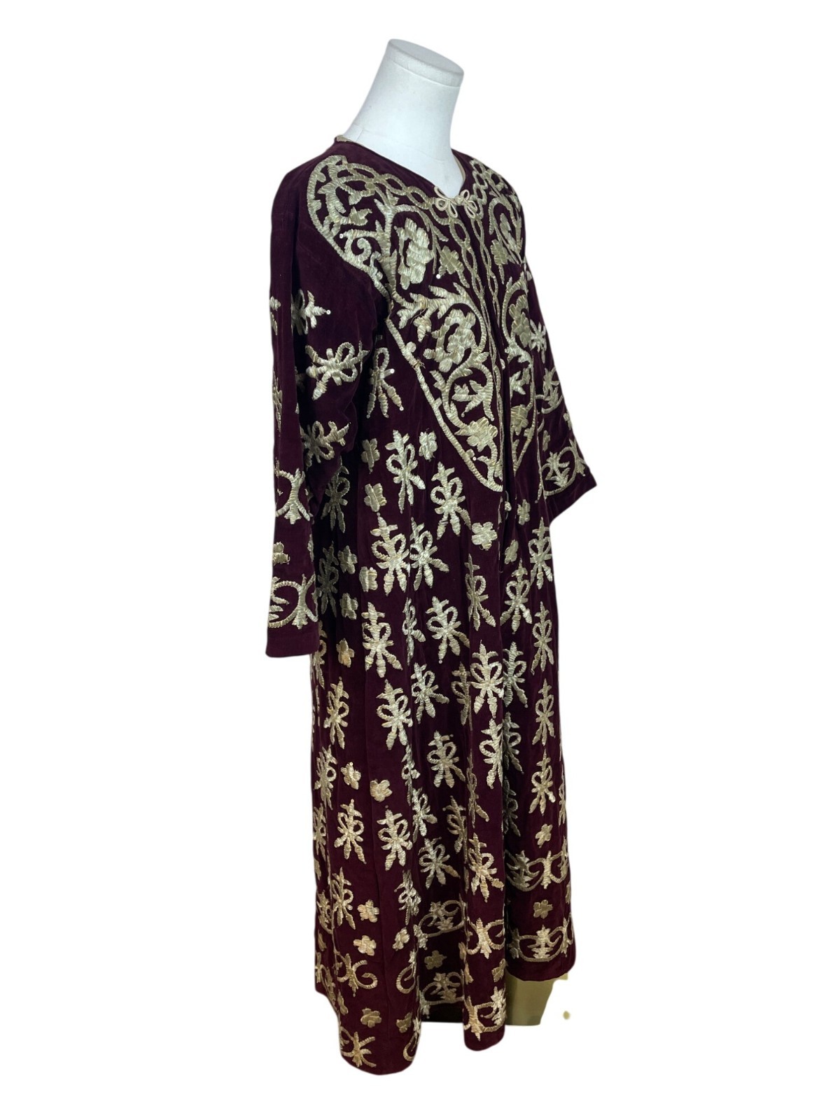 Vintage Women’s Velvet Burgundy & Gold Tone Embroidered Kaftan Dress