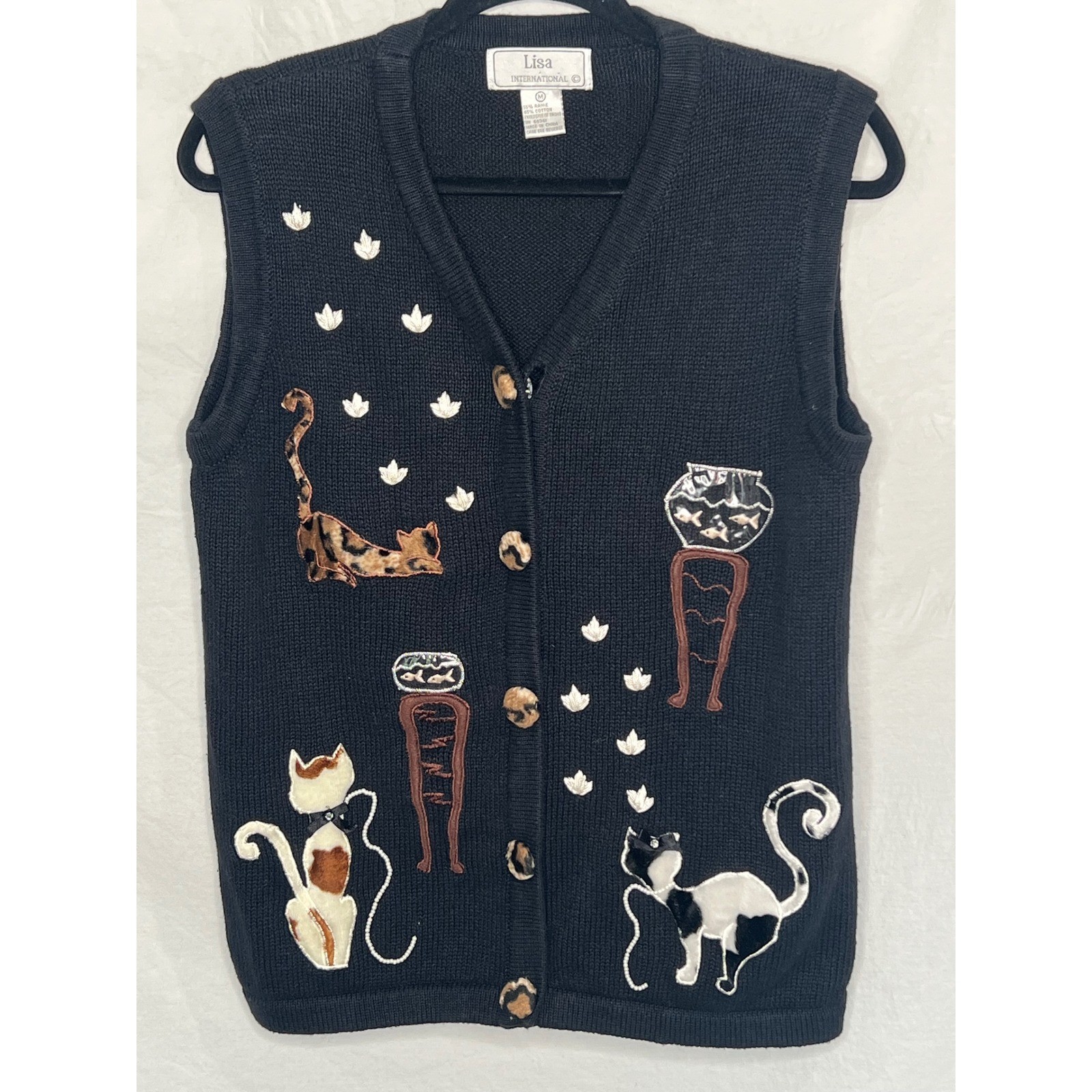 VTG Black Knit Cotton Fur Vest Cat Fish Bowl Grannycore Sz M Lisa International