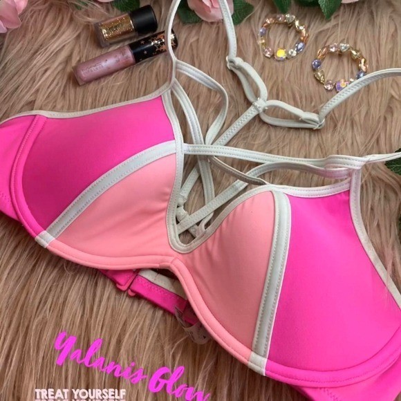 Victorias Secret Pink Colorblock Push Up Bikini Top Neon Pink White Strappy Back