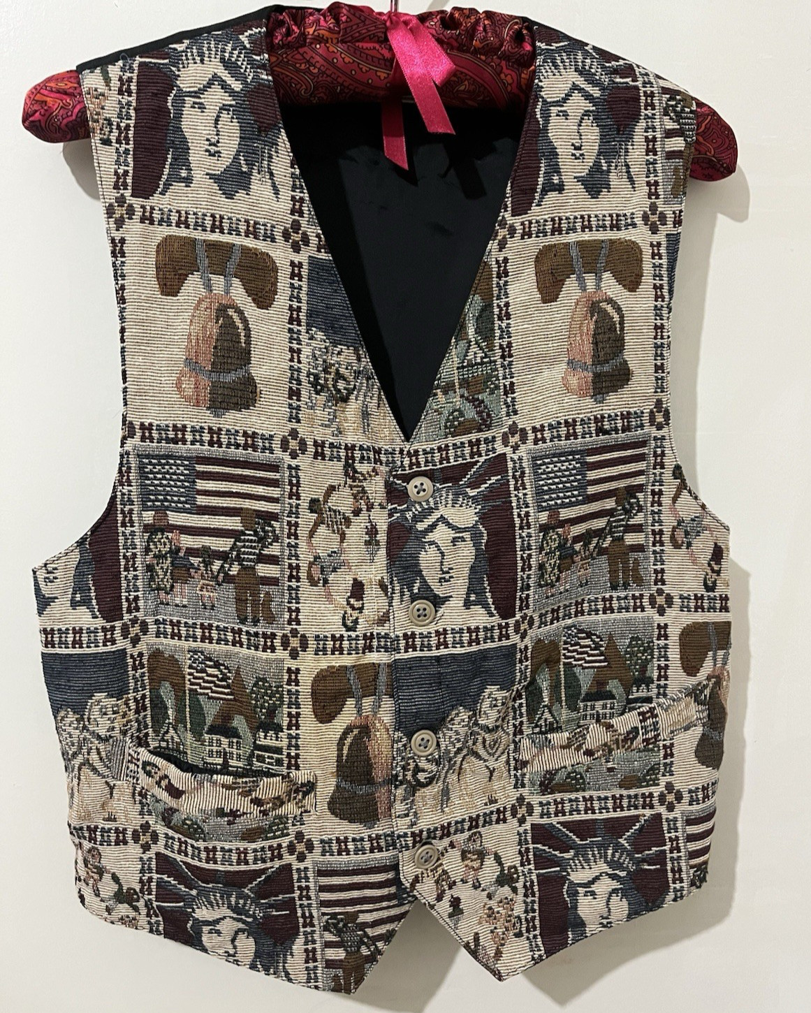 Vintage Embroider Look USA AMERICA Tapestry Womens SMALL Grandmacore Vest Adjstb