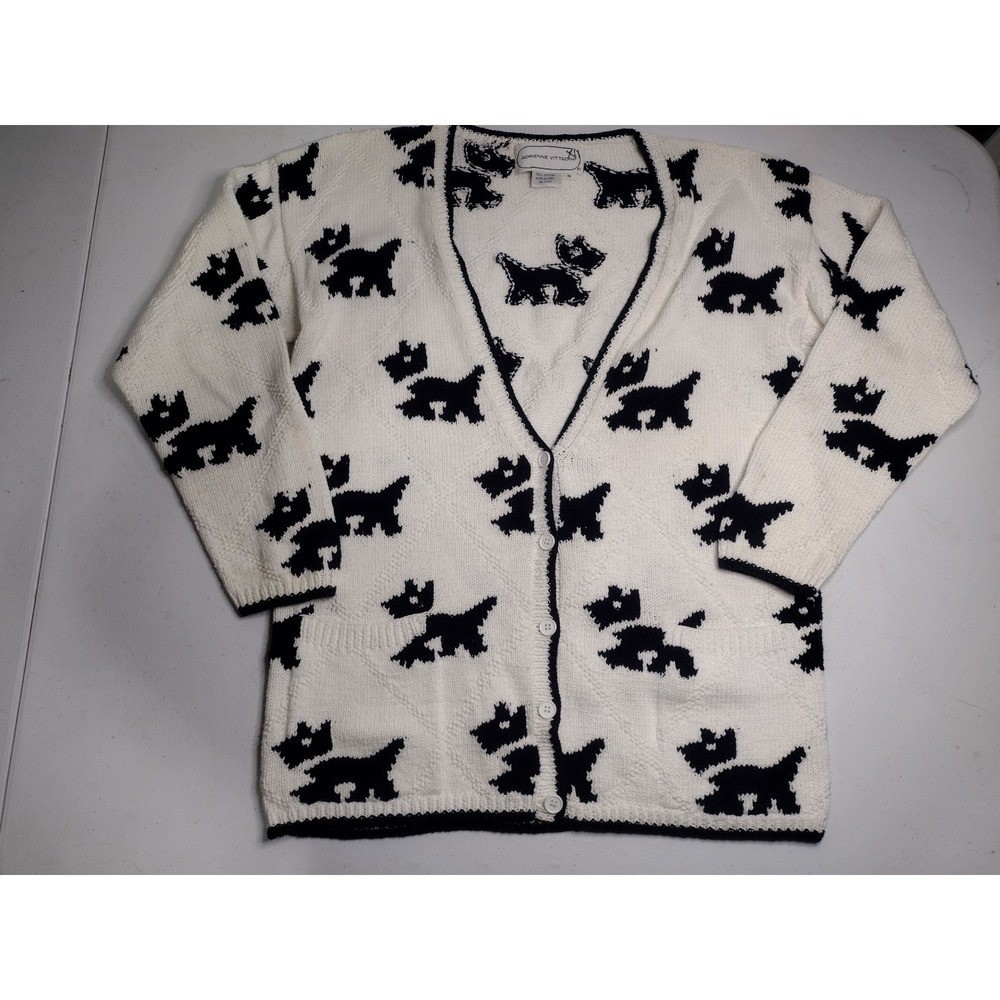 Adrienne Vittadini Scottie Dog Cardigan Sweater Small White Black Cotton Vintage