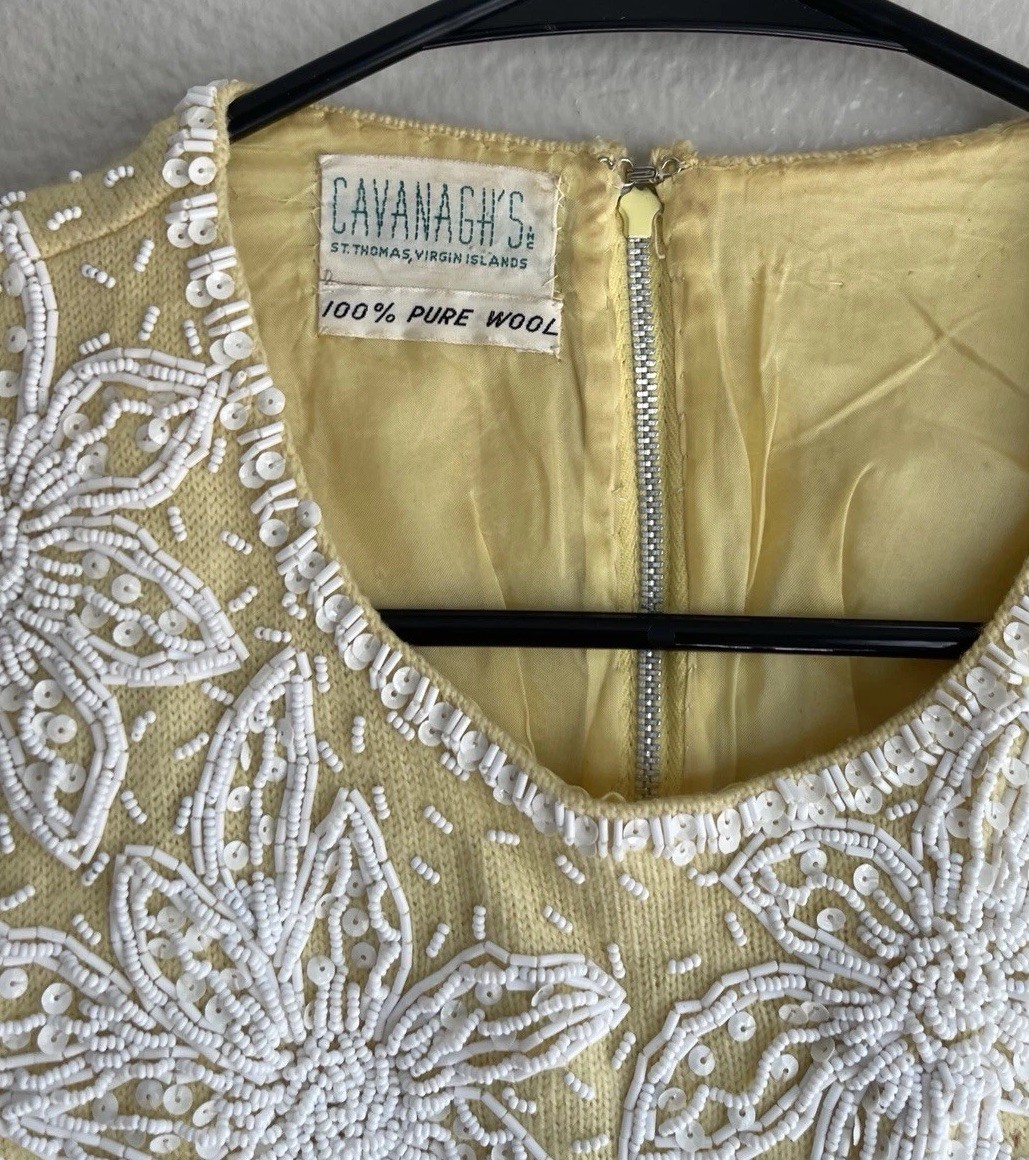 Cavanagh’s 1960s yellow pure wool shell top White Beaded