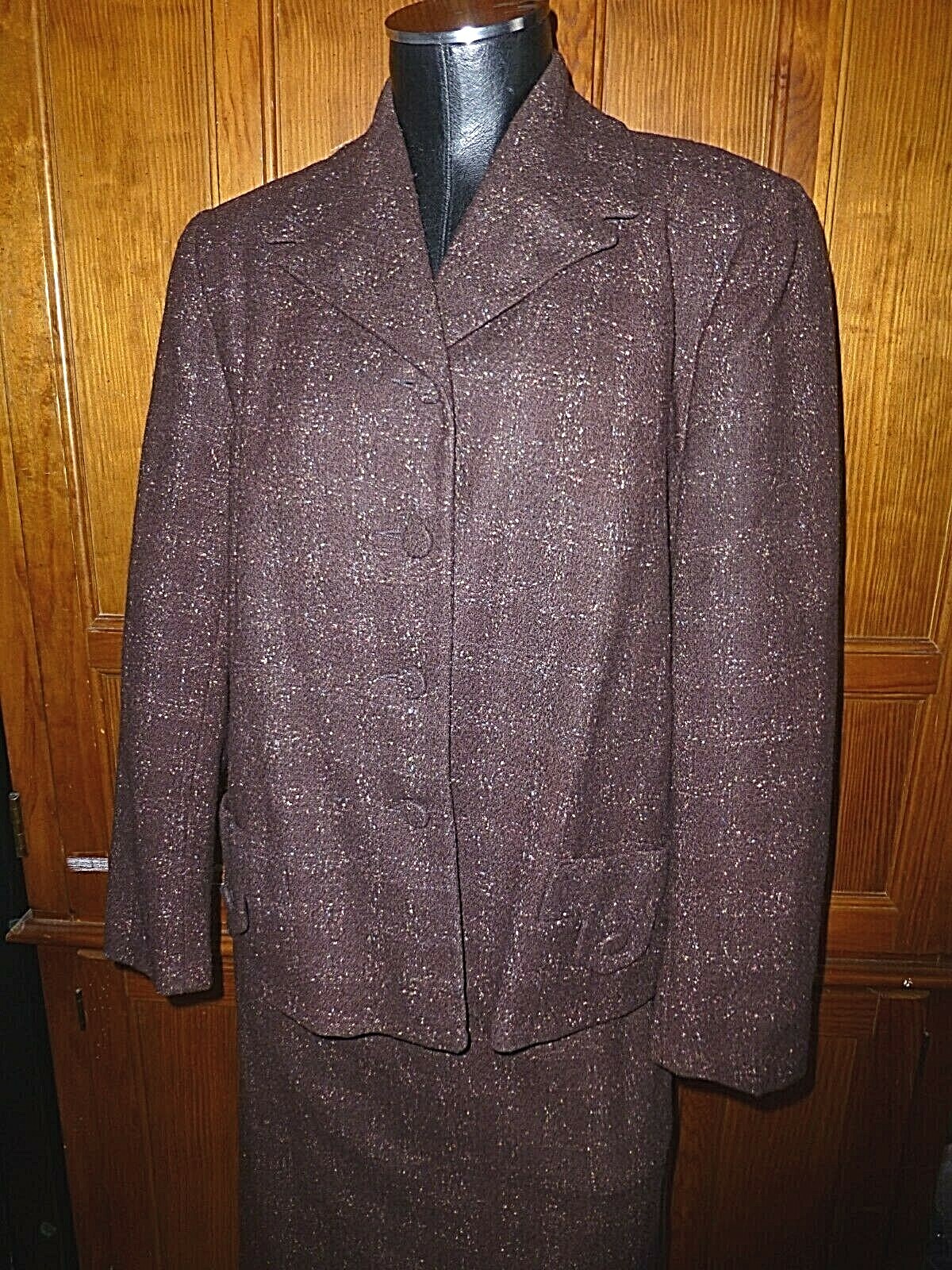 VTG 60s CASHMERE WOOL SILK Brown Jackie O dress Jacket Blazer Skirt SUIT L XL