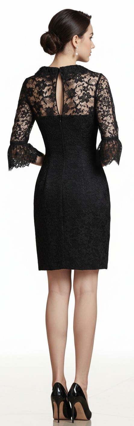 Joseph Magnin Vintage 60’s Black Lace Cocktail Illusion Dress Bell Cuffs LBD S