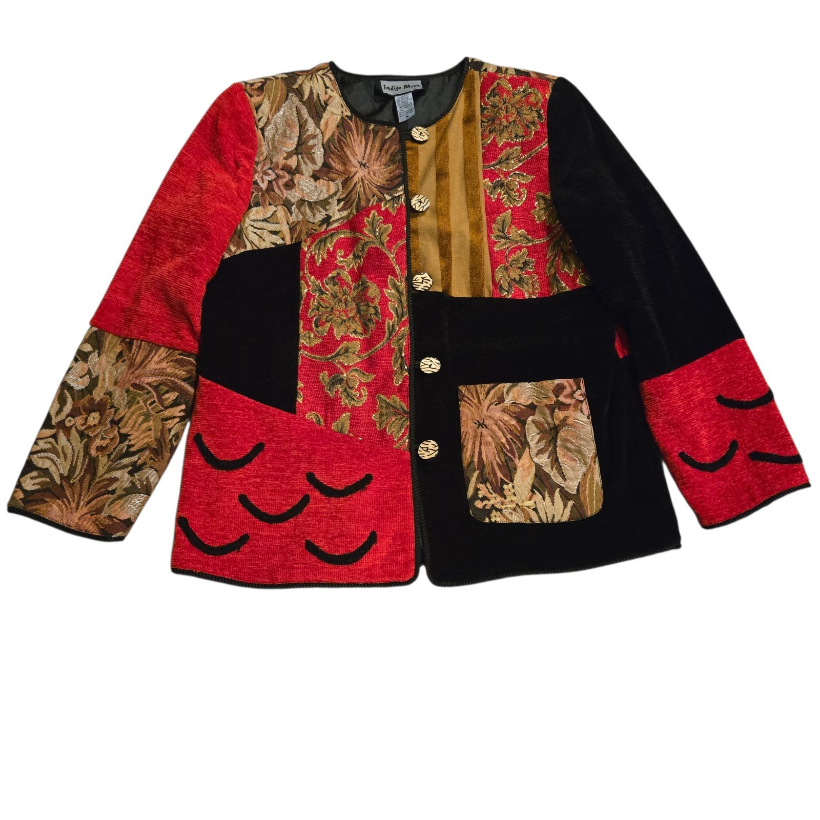 Vintage 80’s Indigo Moon Blazer Jacket M Red Art To Wear Patchwork Asian Inspire