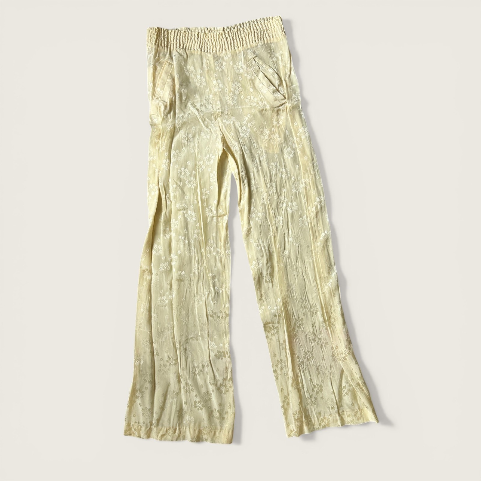 Vintage Cream Floral Wide Leg Pants 28 Waist Elastic Boho Lounge