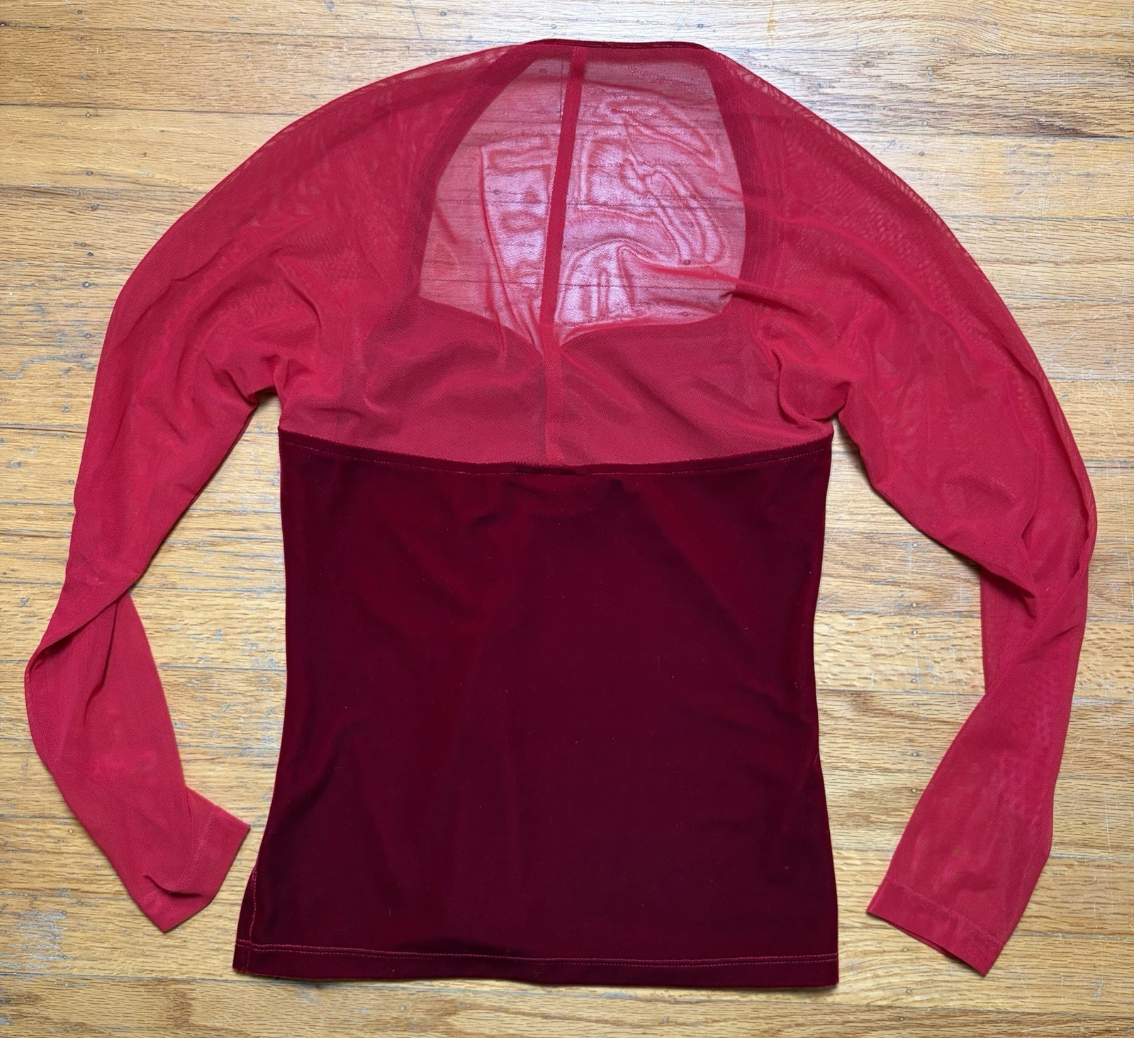 Vintage 90s Y2K Velvet Long Sleeve Top Sz M Sheer Whimsigoth Fairy Red Mesh