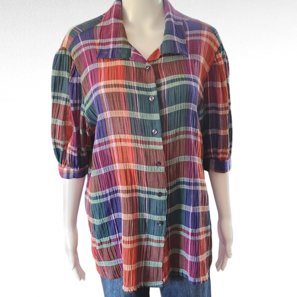 Vintage Lady Caribou 80s Red & Blue Striped Gauze Puff Sleeve Button Down XL